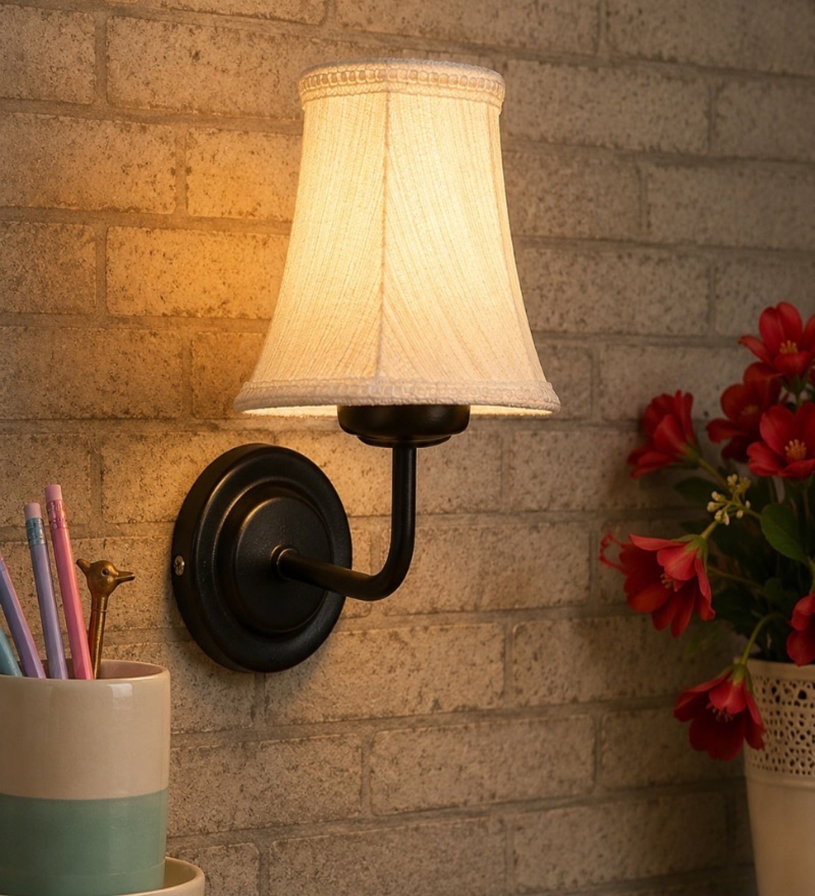 Black Wall Mounted Lamp with Off-White Cotton Shade