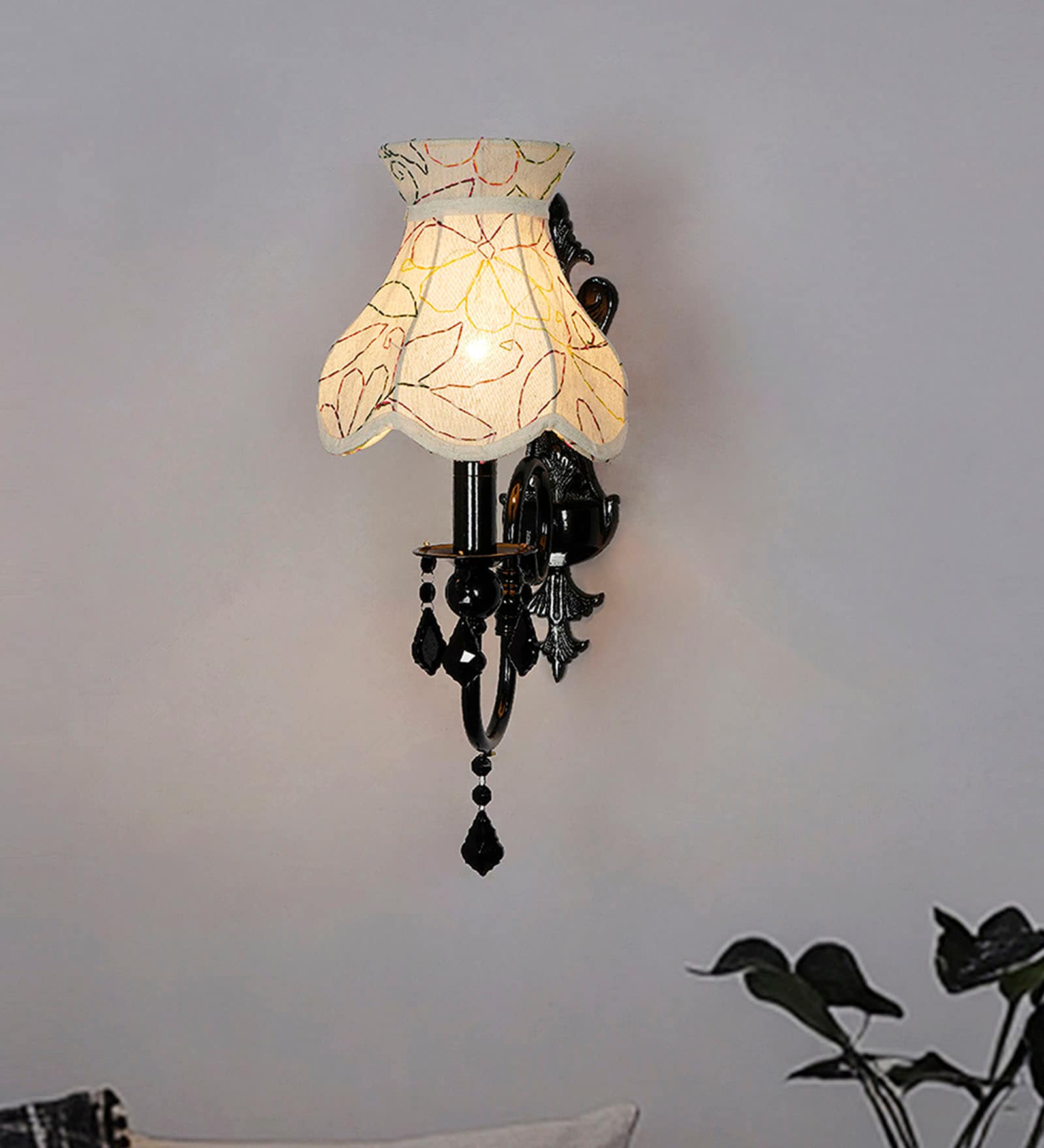 Black Wall Sconce with Green Embroidered Scalloped Shade and Crystals