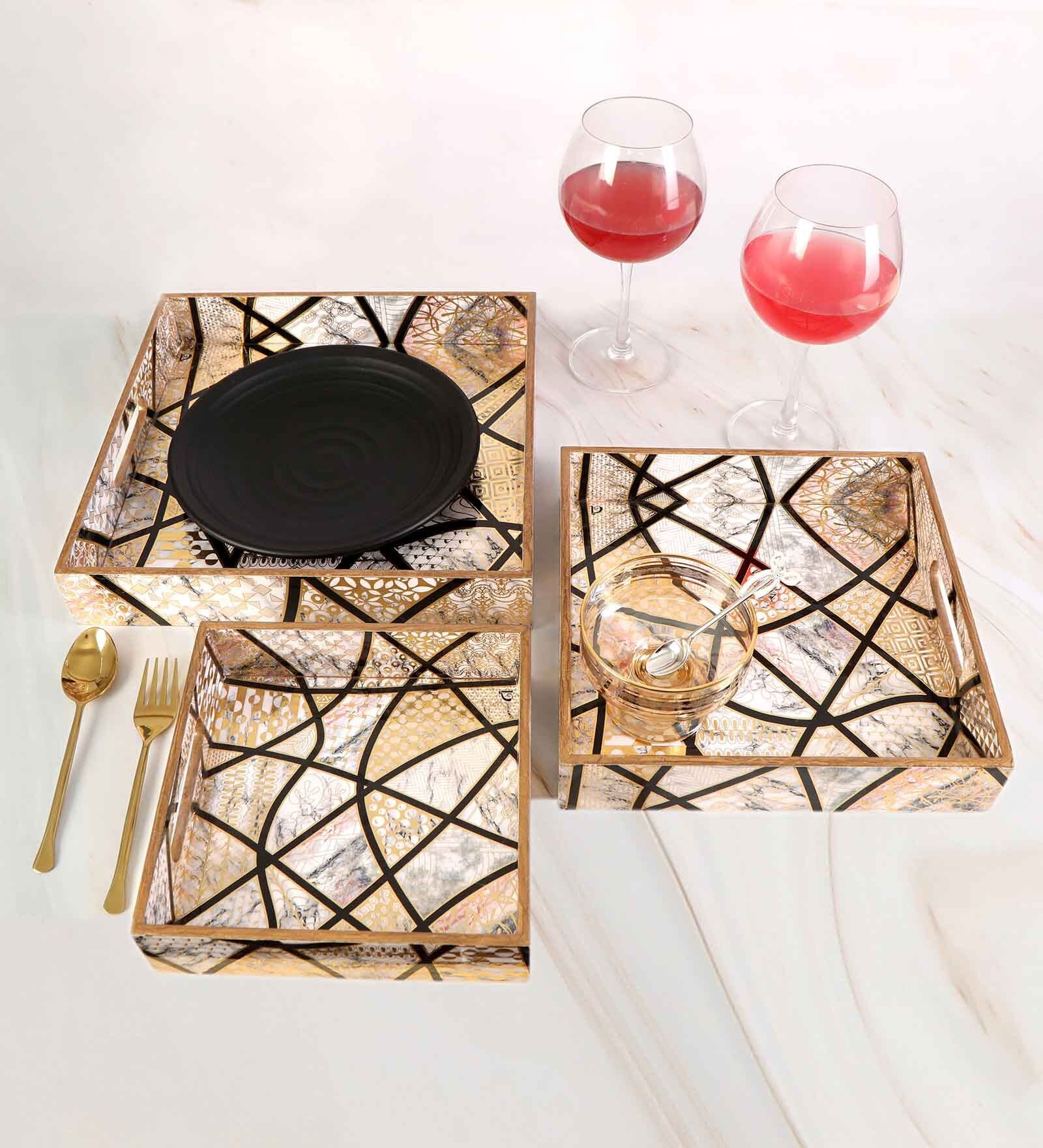 Black White & Gold MDF Wood Crisscross (Set of 3) Serving Tray