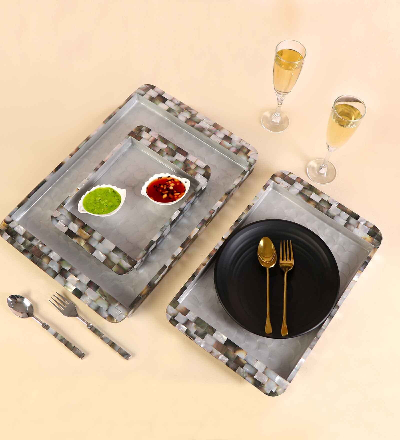 Black White & Grey MDF Wood Mother Of Pearl (Set of 3) Serving Tray