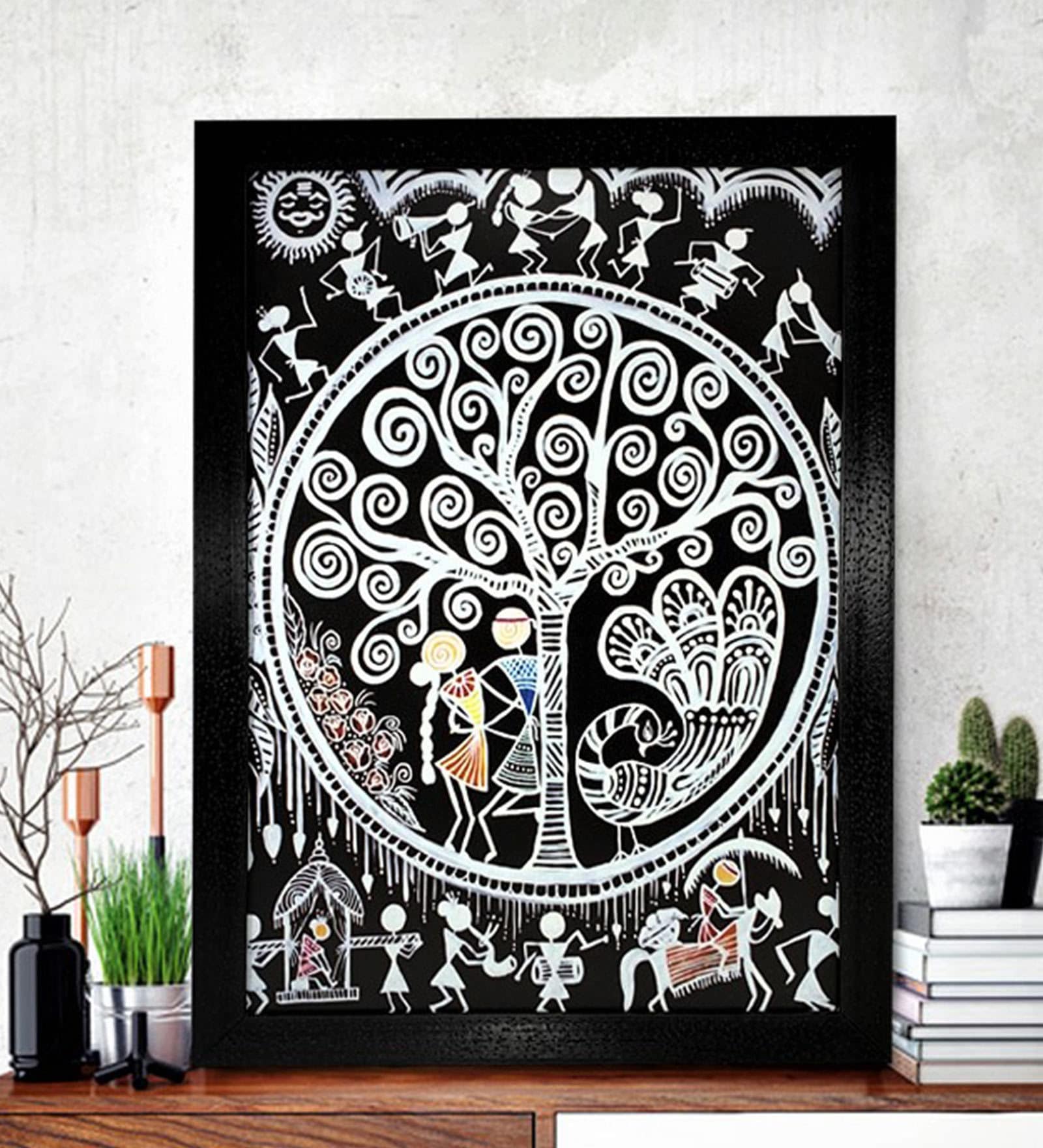 Black Wood "Ethnic Dhokra And Warli Art " Textured Paper Scratch & Dust Proof Framed Art Print