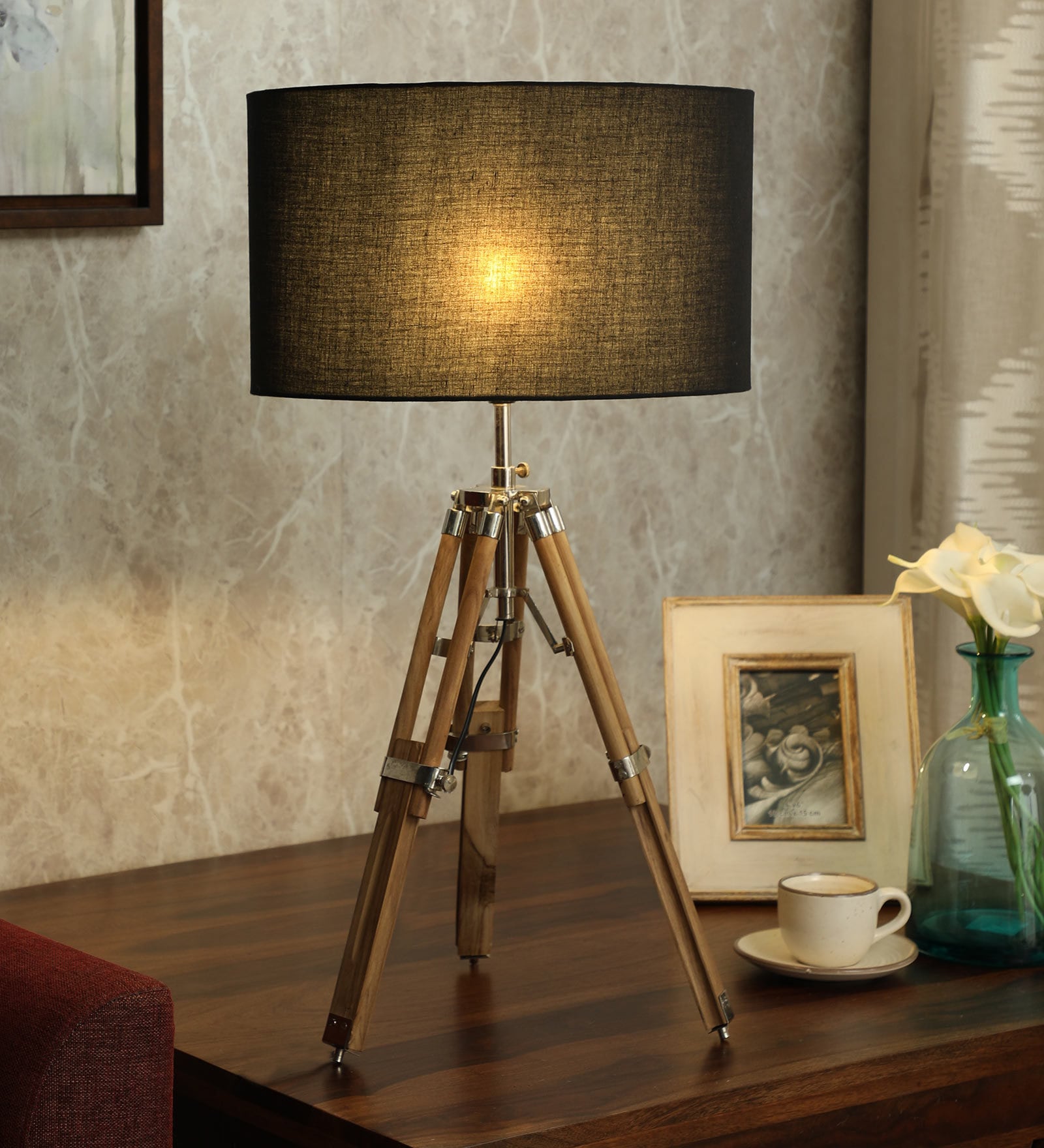 Black Shade Tripod Table Lamp with Wood Base