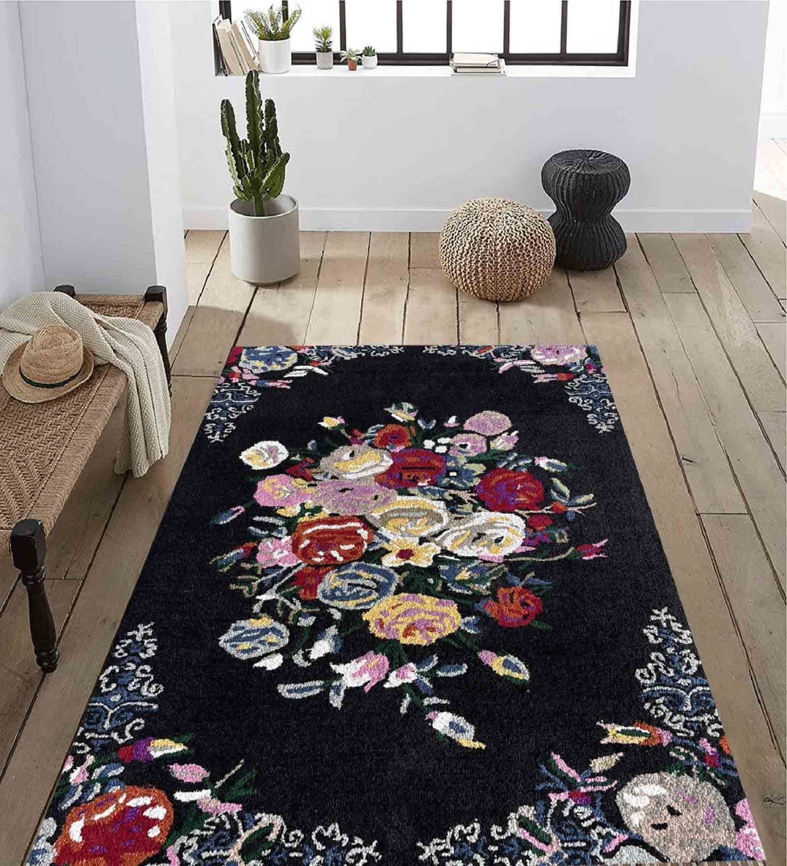 Black Wool Floral 4 x 6 Feet Hand Tufted Carpet Hand Tufted Carpet
