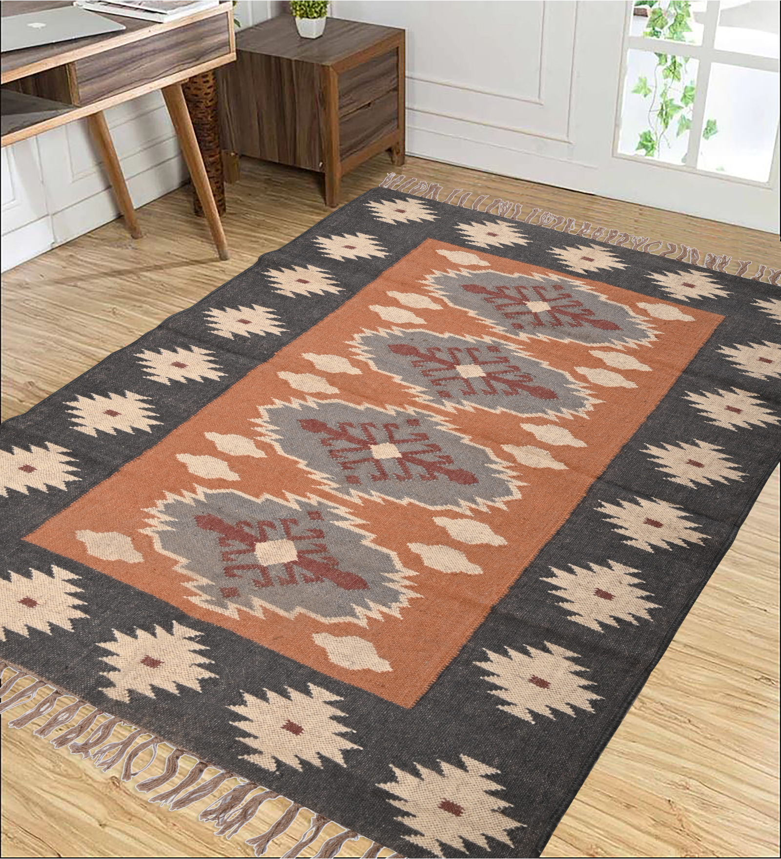 Black Wool & Jute Abstract 108 x 72 Inches Hand Woven Dhurries