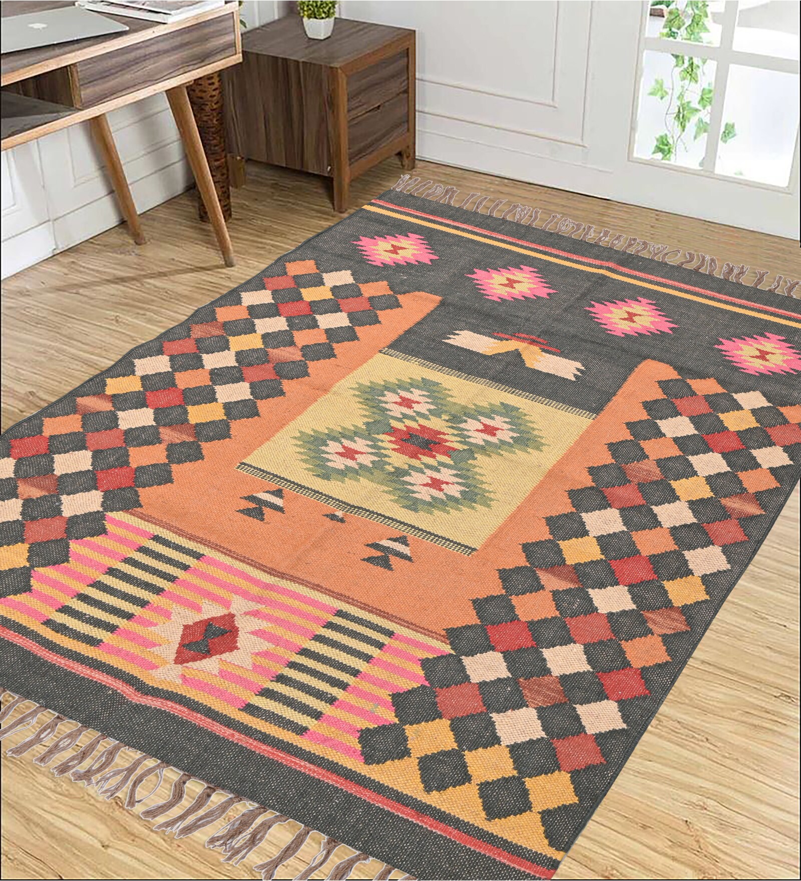 Black Wool & Jute Traditional 108 x 72 Inches Hand Woven Dhurries