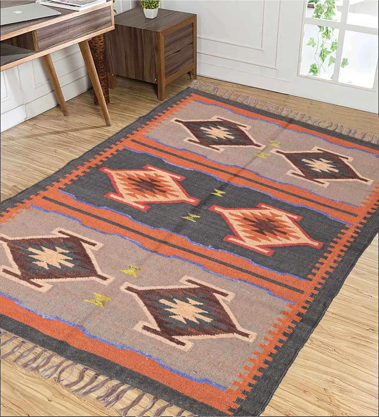 Black Wool & Jute Geometric 72 x 48 Inches Hand Woven Dhurries
