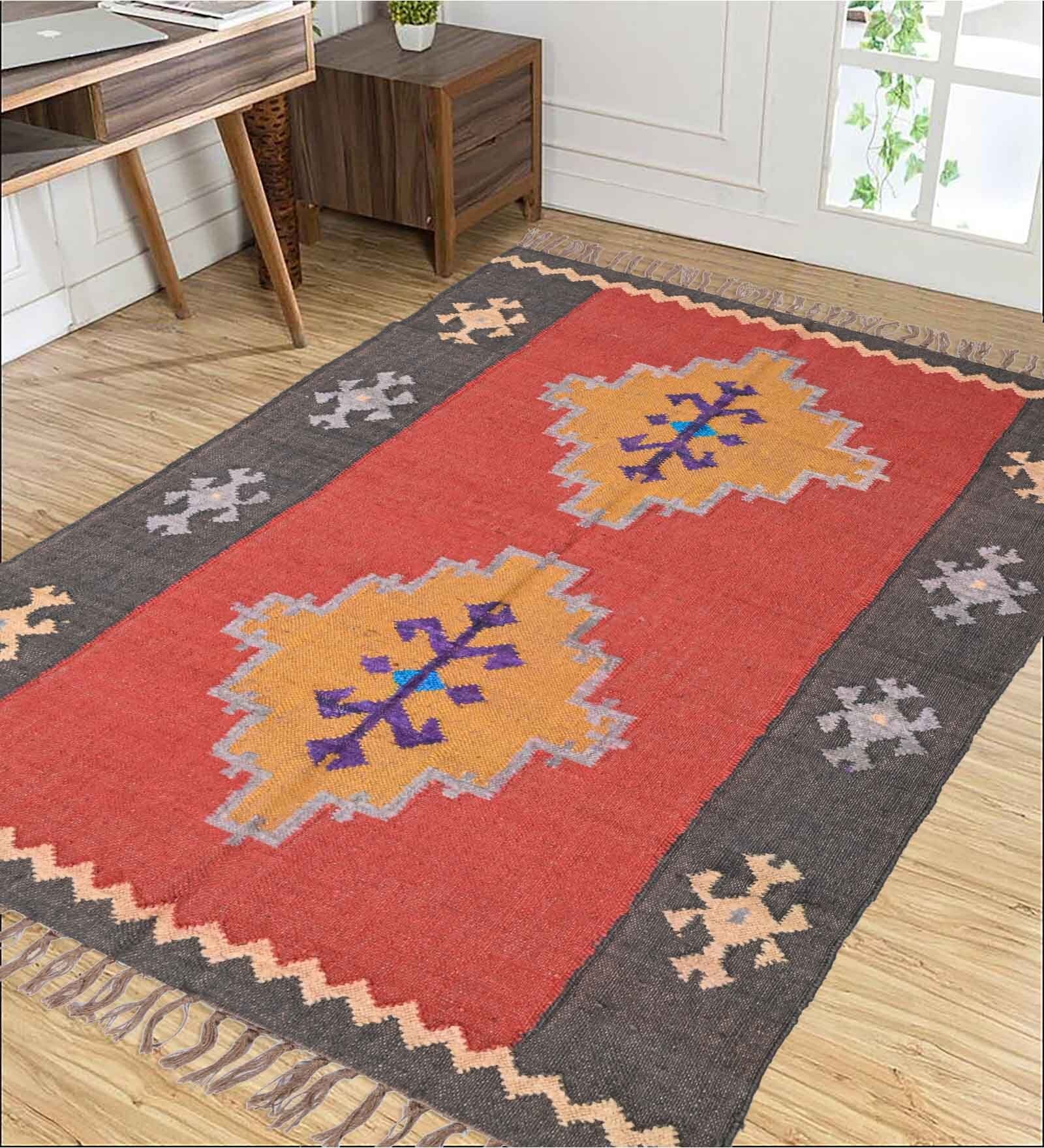 Red Wool & Jute Abstract 72 x 48 Inches Hand Woven Dhurries