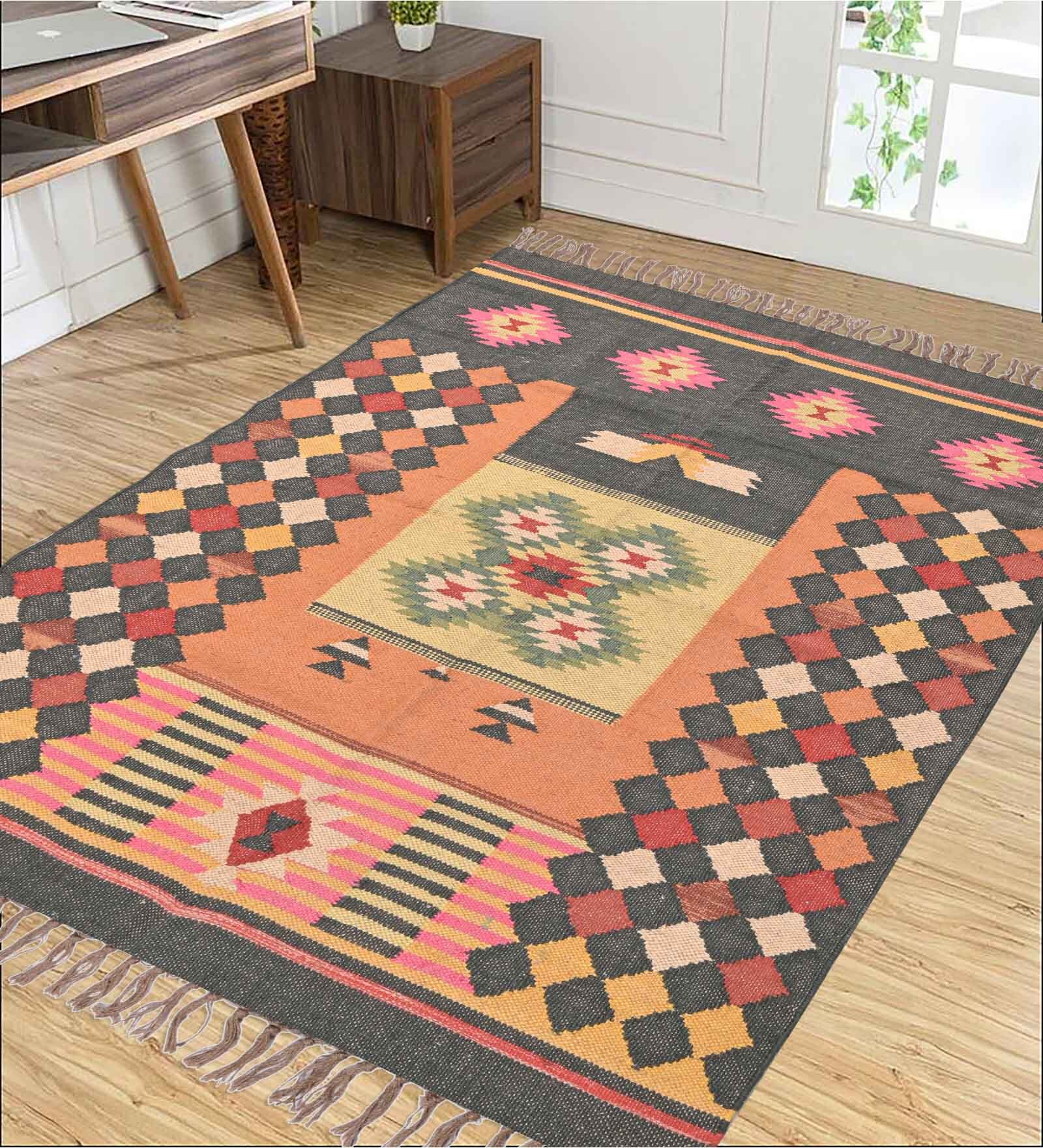 Black Wool & Jute Traditional 72 x 48 Inches Hand Woven Dhurries