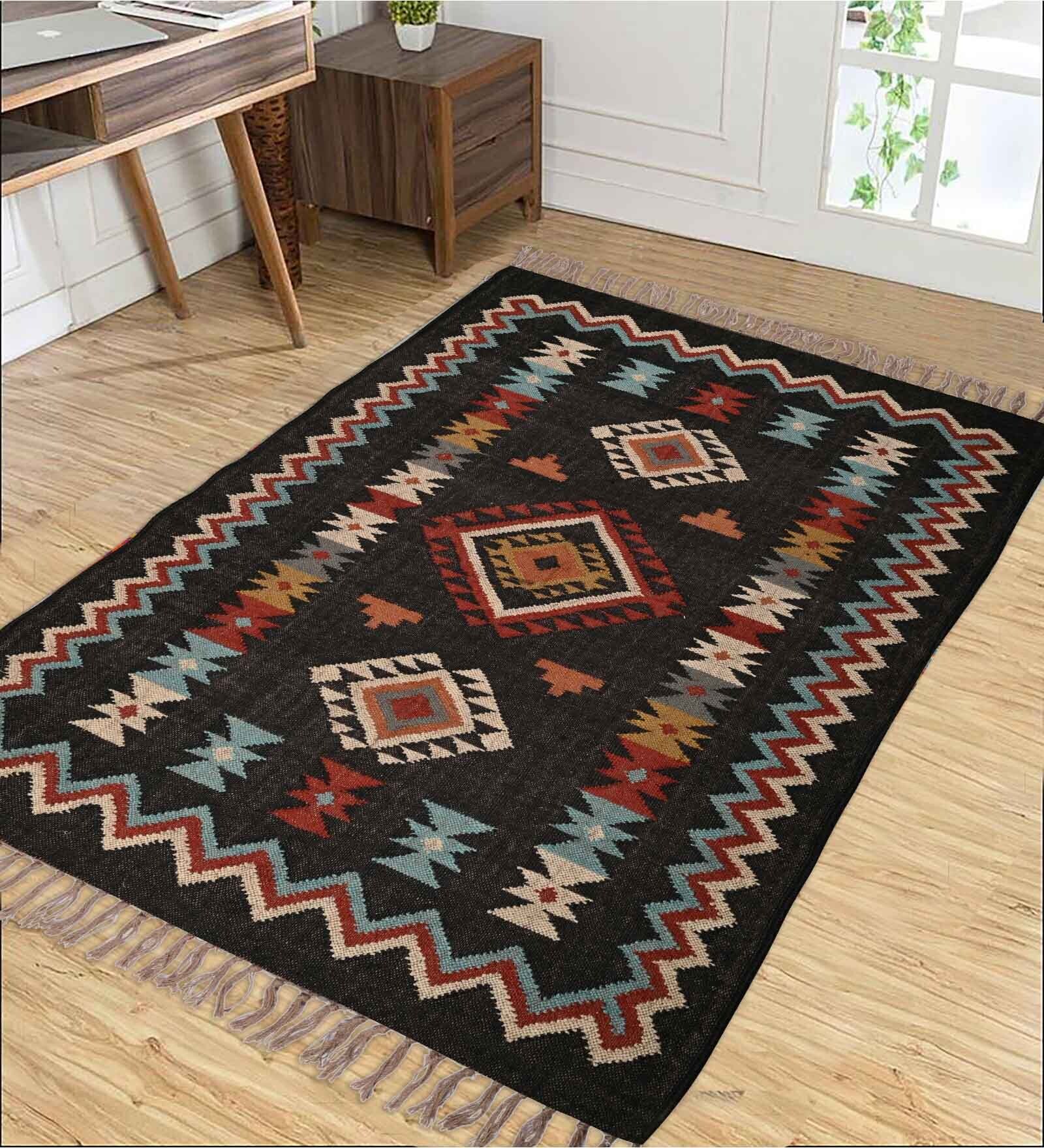 Black Wool & Jute Abstract 72 x 48 Inches Hand Woven Dhurries