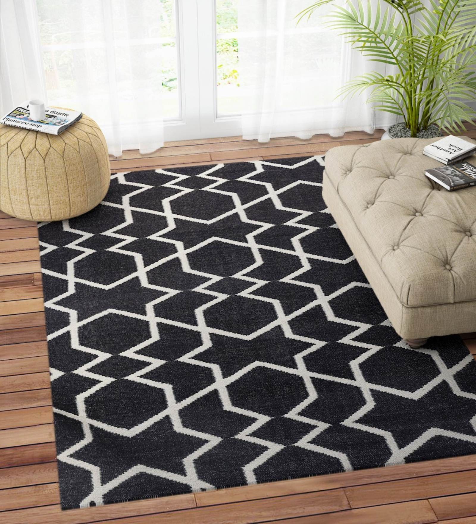 Black Wool Abstract 72 x 48 Inches Hand Woven Dhurrie