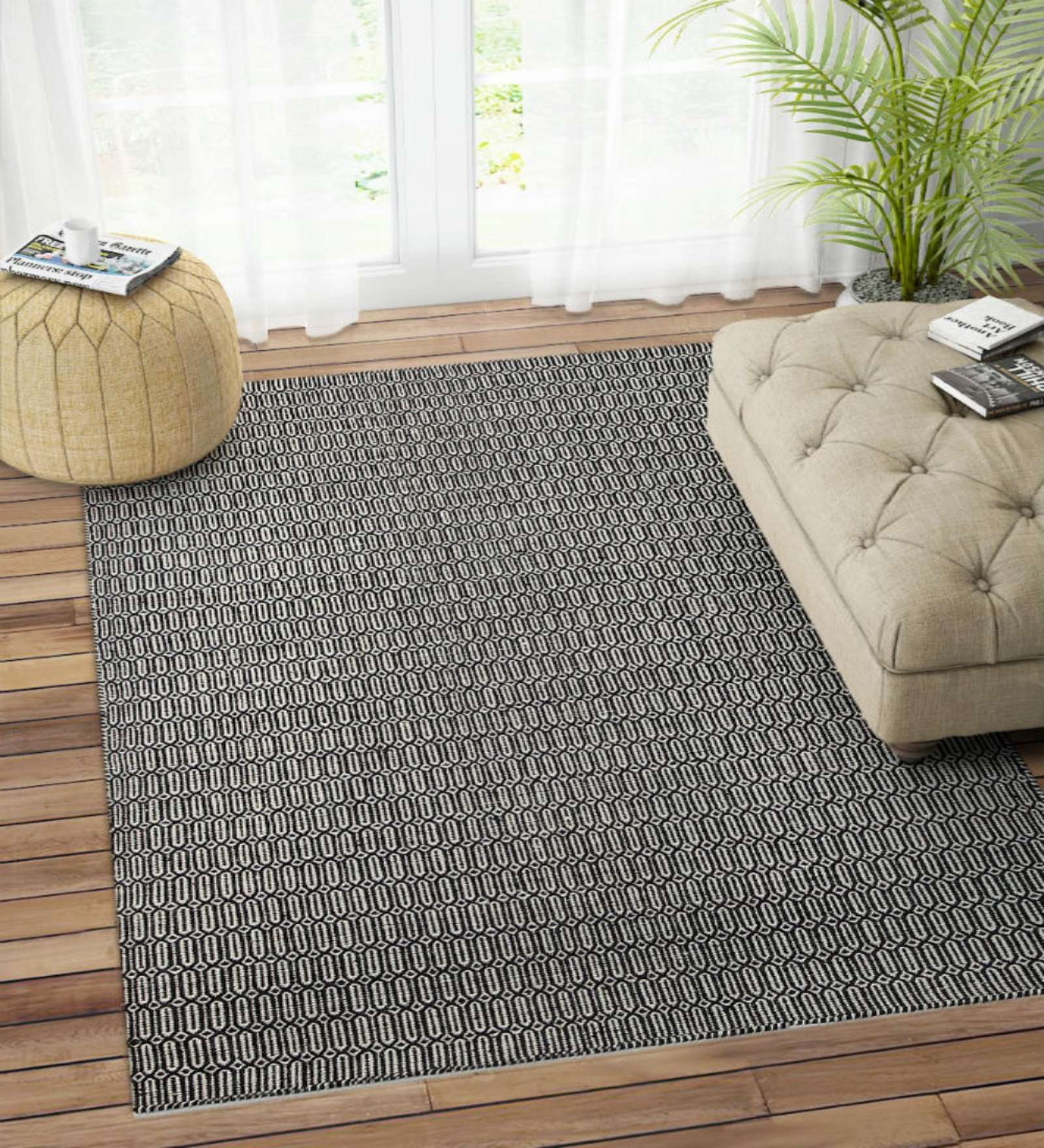 Black Wool Geometric 96 x 60 Inches Hand Woven Dhurrie