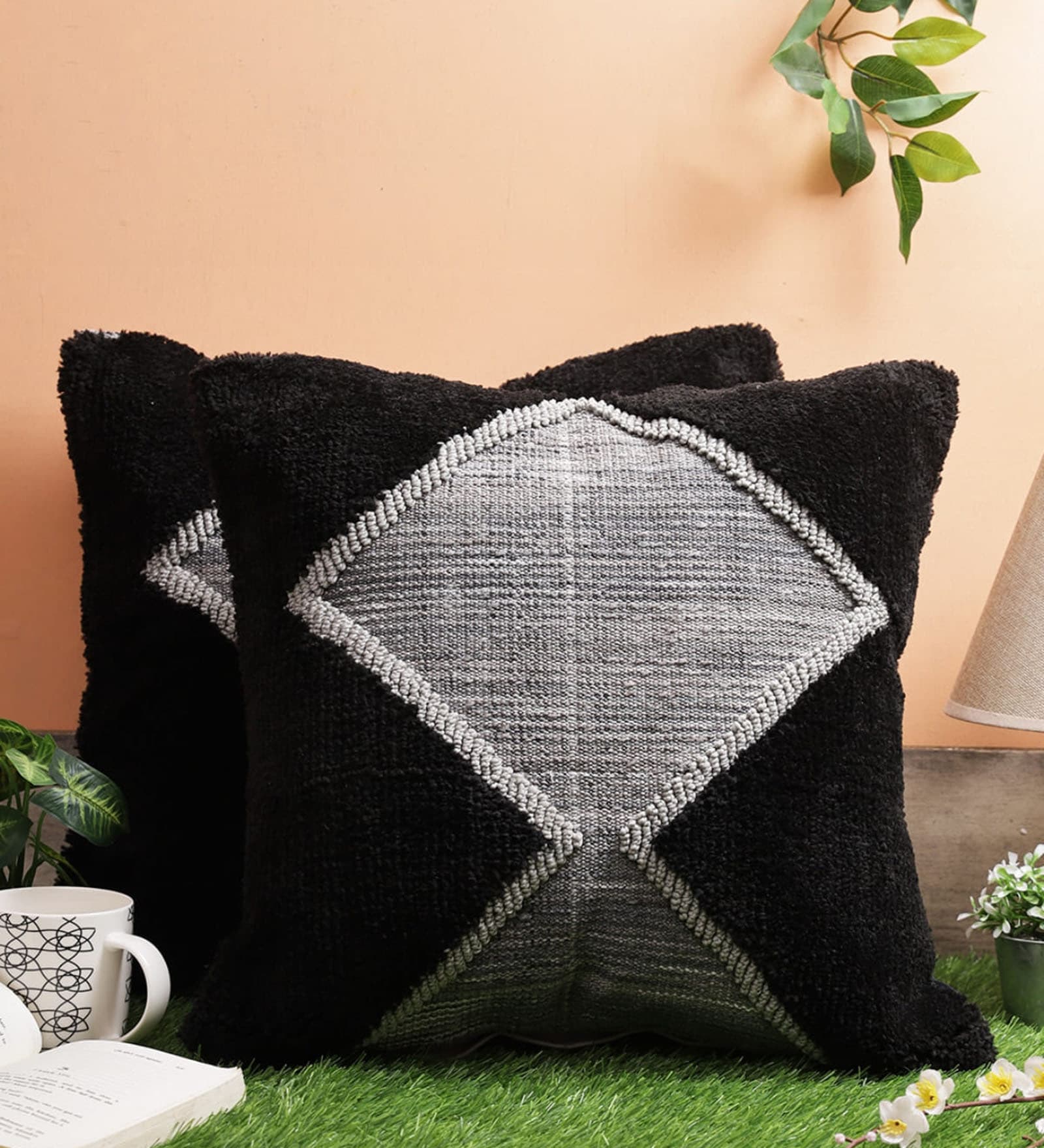 Black Wool Tufted Geometric 46x46 inches Cushion Covers Set of 2