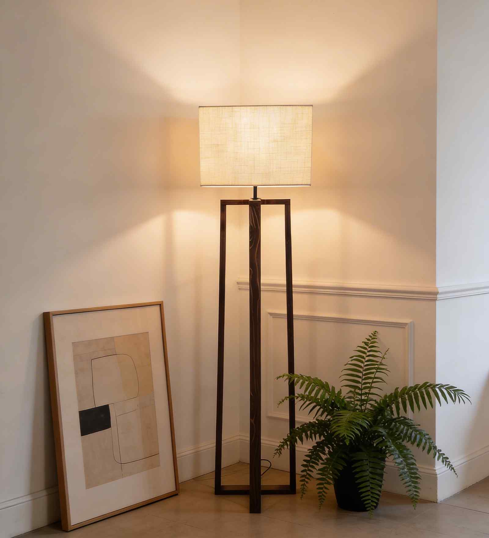 Blender Wooden Floor Lamp with Jute Shade & Brown Base