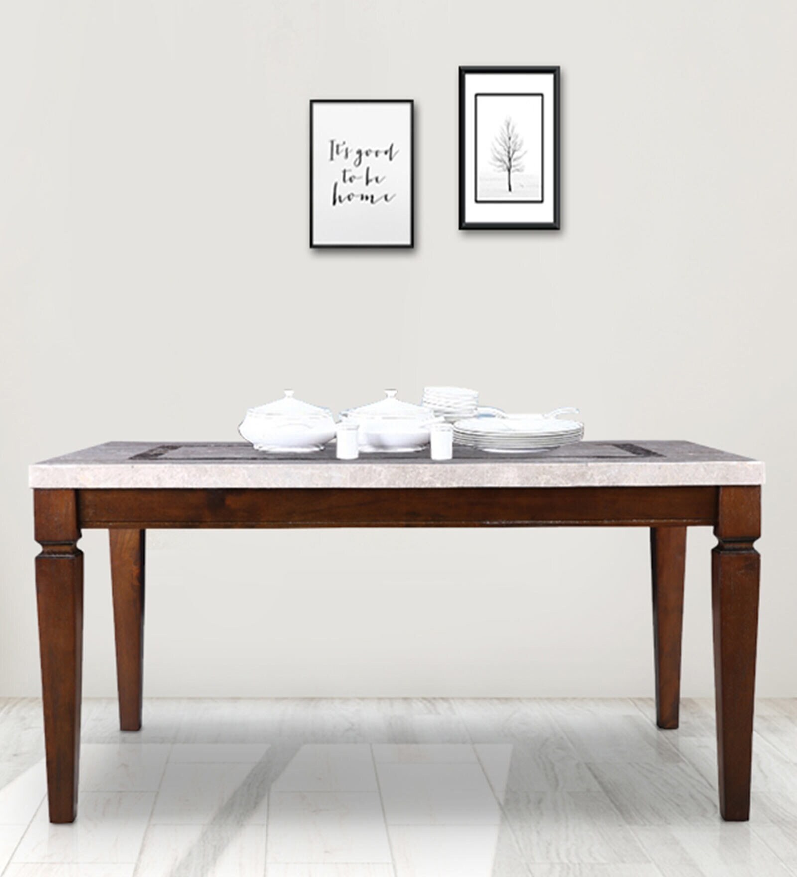 Bliss Solid Wood 6 Seater Dining Table in Beige Finish with Marble Top