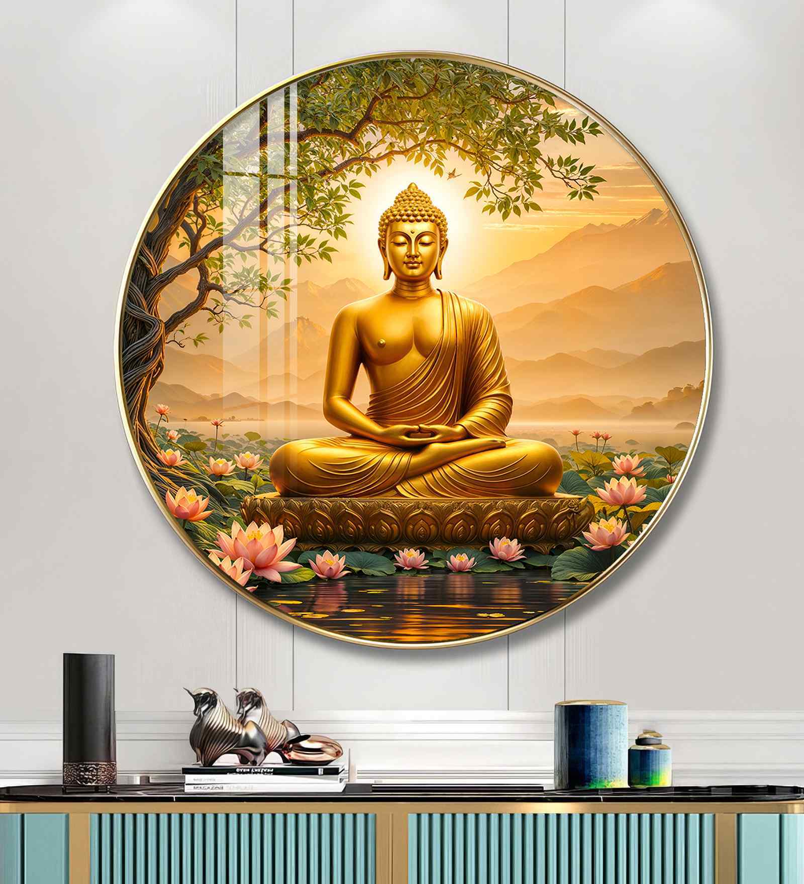 Blissful Buddha With Lotus Petal Acrylic Round Wall Art