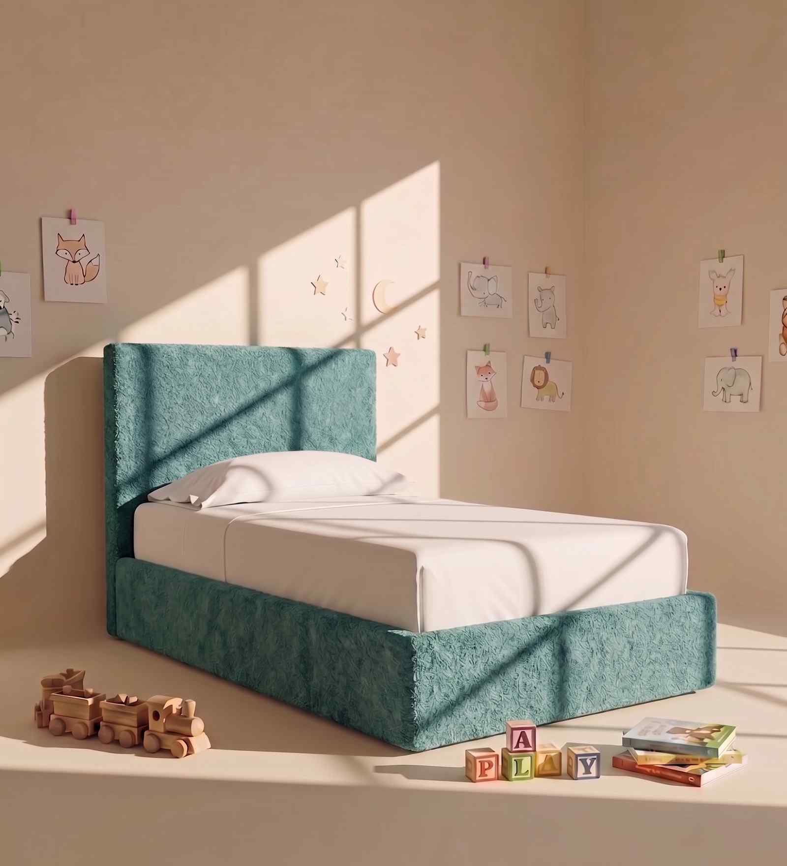 Block Design Boucle Kids Twin Bed With Box Storage In Green Colour