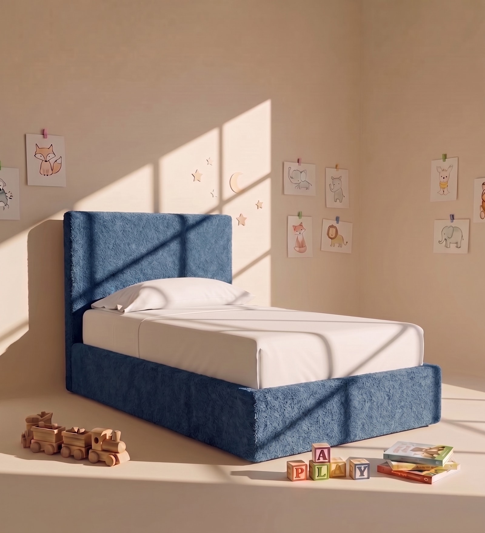 Block Design Kids Twin Bed In Denim Blue Colour