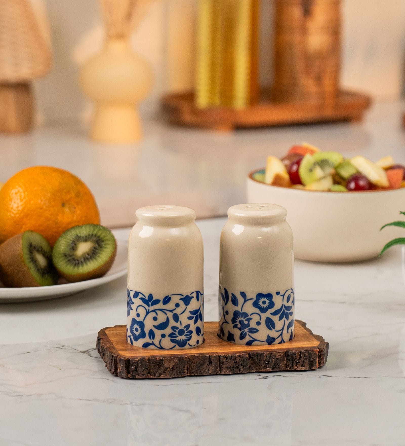 Set of 2 Bloom & Bark Salt & Pepper Set Ceramic Shakers with Acacia Wood Stand