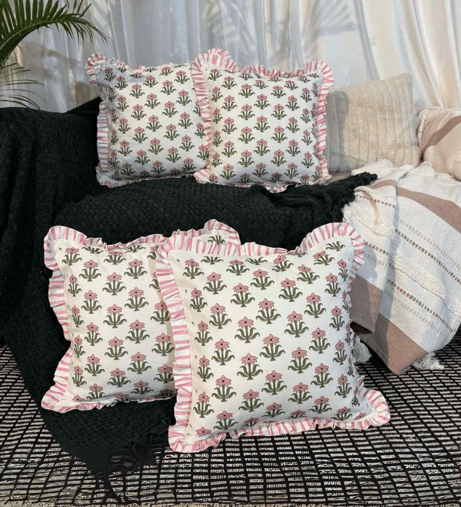white Floral Cotton Ruffle 18x18 inches Cushion Covers Set of 4