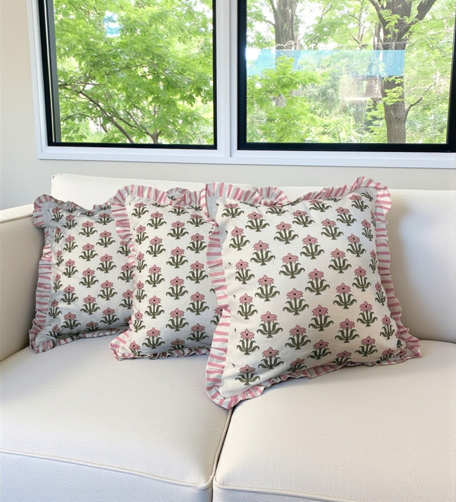 white Floral Cotton Ruffle 18x18 inches Cushion Covers Set of 3