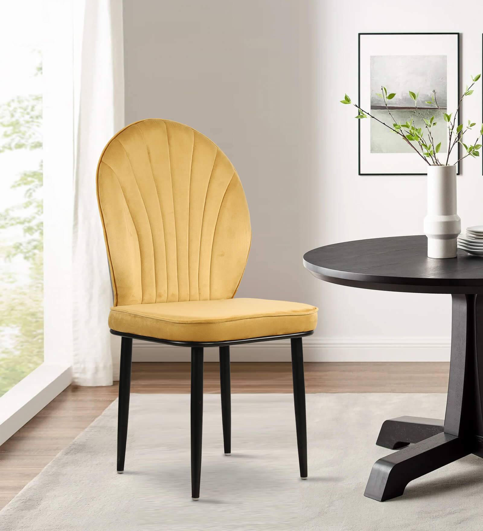 Bloom Velvet Fabric Dining Chair in Mustard Colour Bloom Velvet Fabric Dining Chair in Mustard Colour