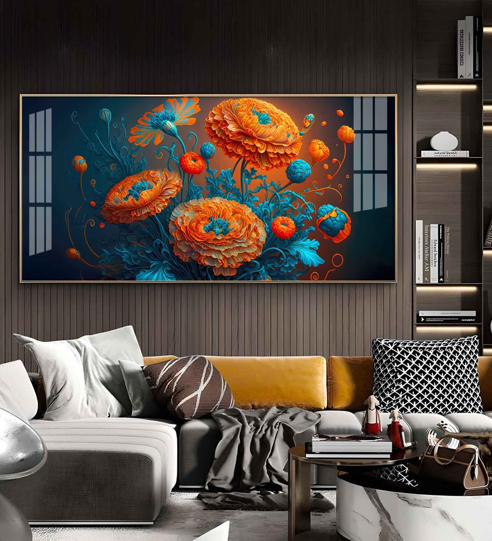 Blooming MariGold Flower Glass Finish Horizontal Wall Art