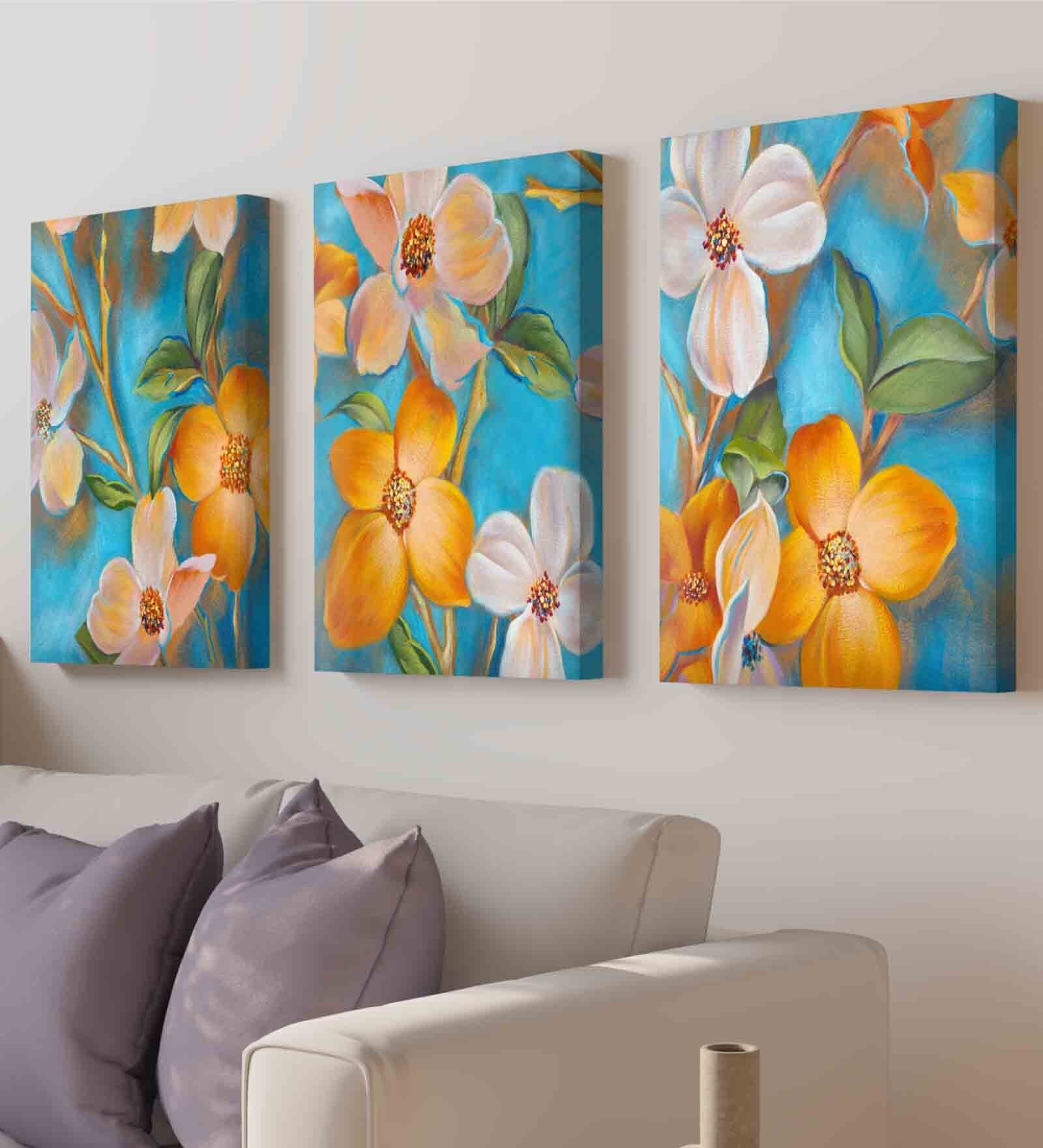 Blossom Apricot Multicolour Engineered Wood (Set of 3) Art Panels