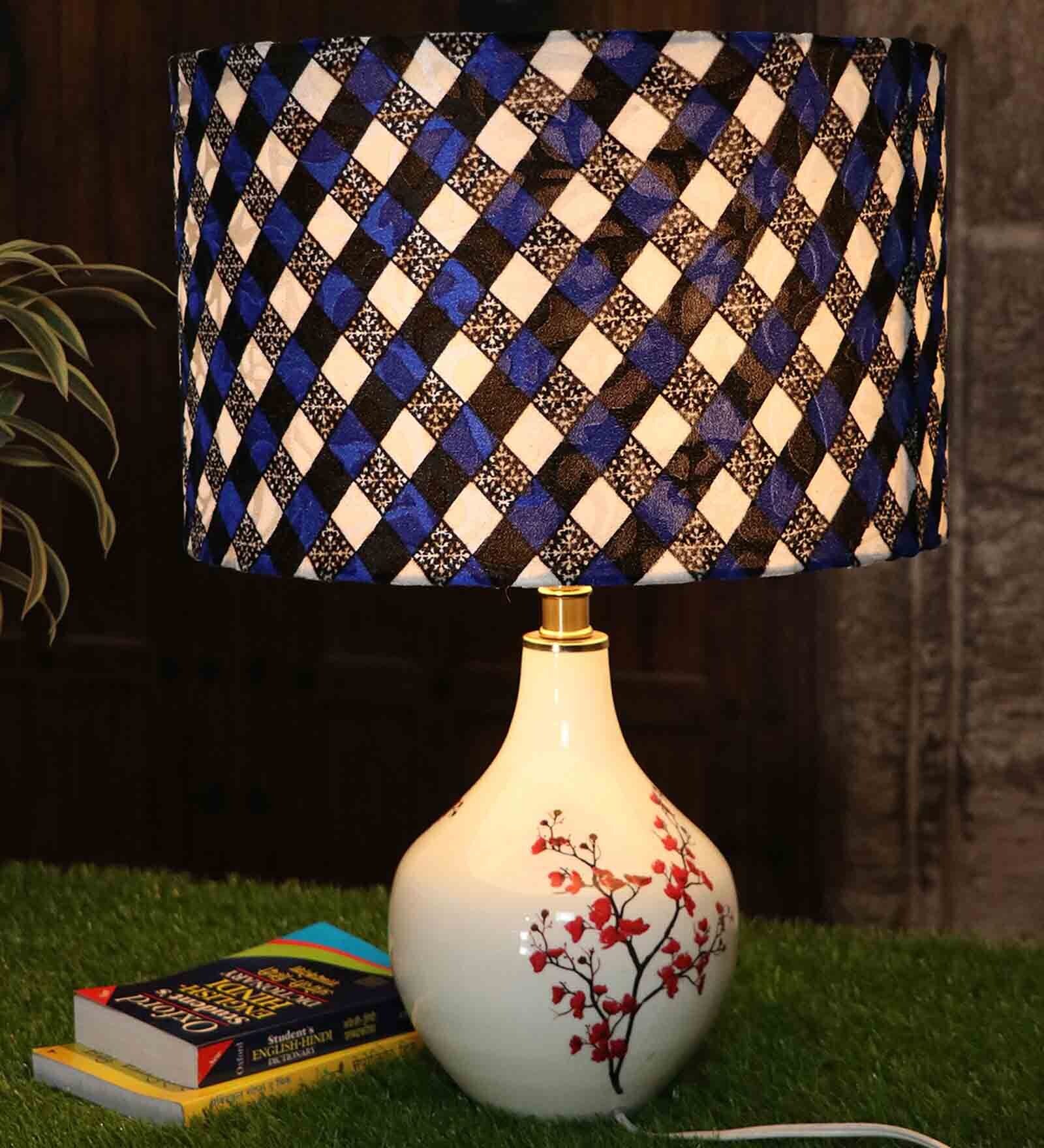 Blossom Table Lamp with Drum shaped Multicolour Velvet Lampshade