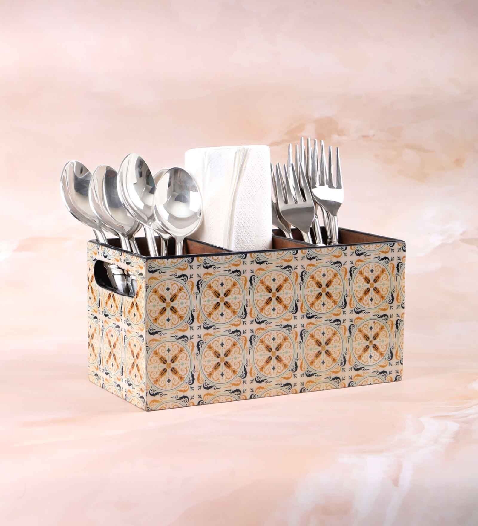 Blue & Beige Mdf Wood Square 1 Pcs Cutlery Holder