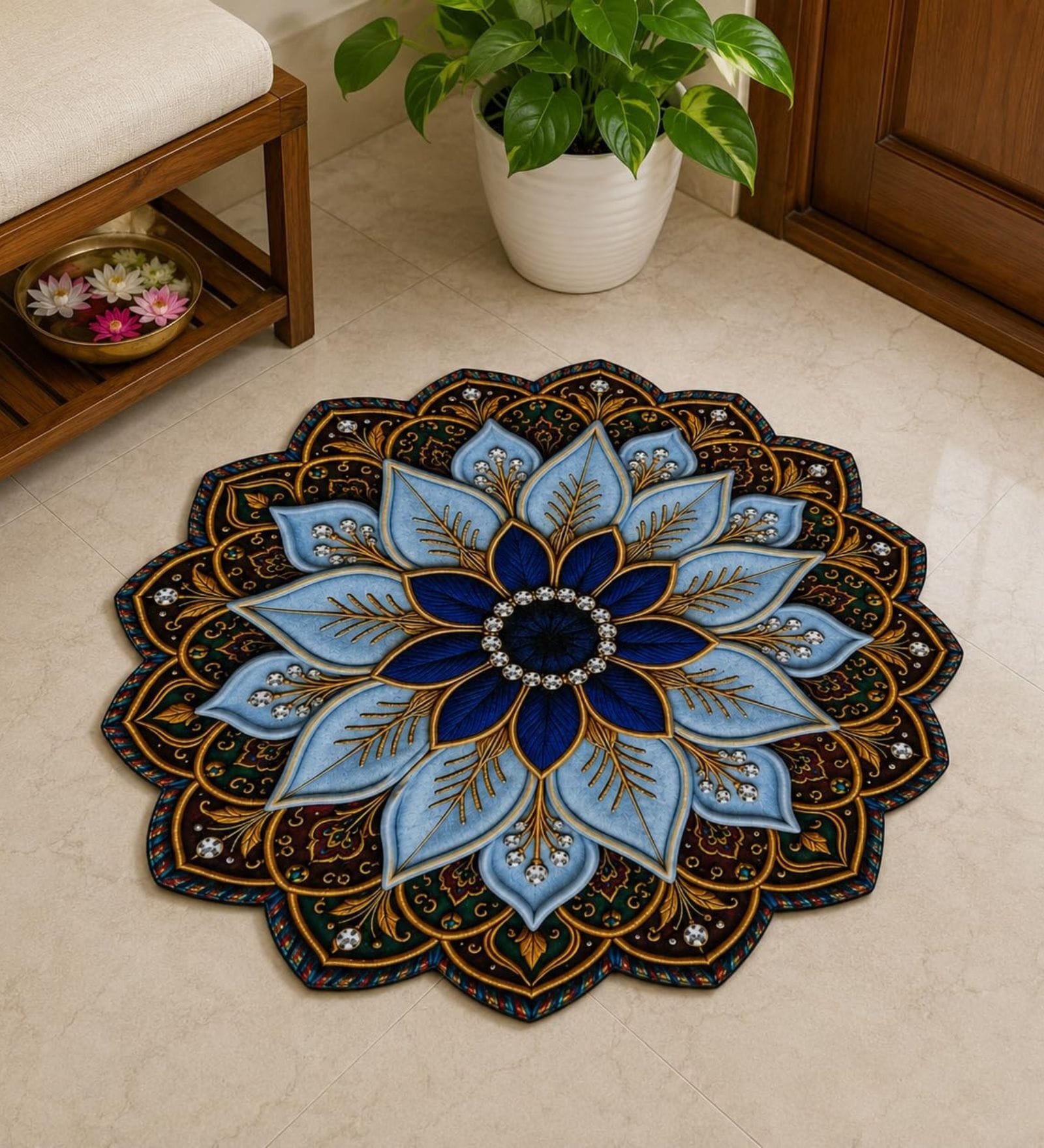 Blue & Black 23x23 Inch Lotus Mandala 7D Rubber Printed Rangoli Floor Mat