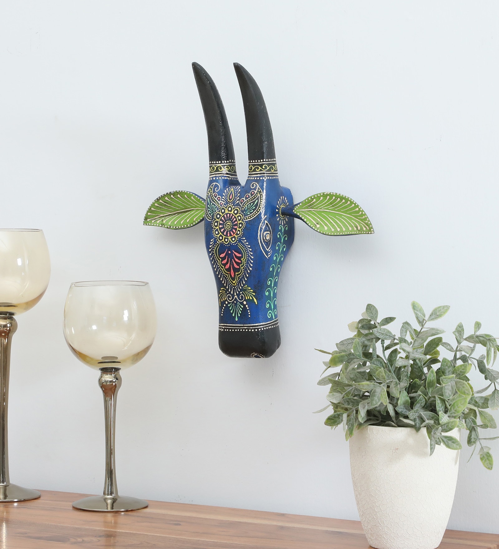 Blue & Black Handcrafted Cow Sclupture Mango Wood Wall Mask