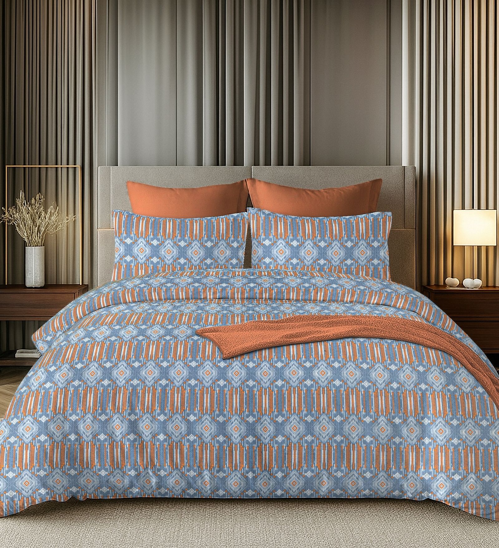 Blue & Brown 144TC Cotton Flat Super King Bedsheet with 2 Pillow Covers