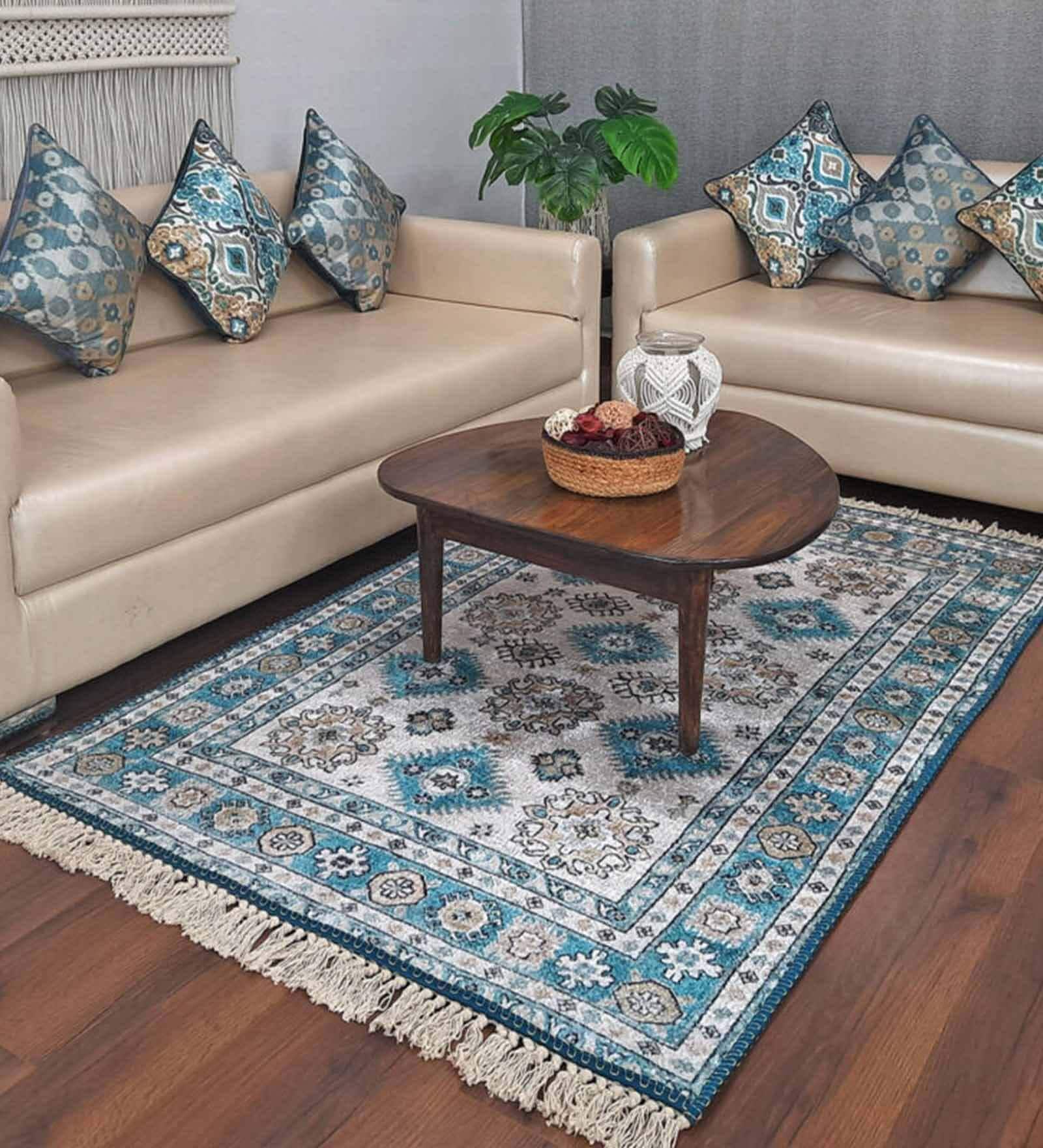 Blue Persian Faux Silk 5 ft x 7 ft Hand Woven Carpet