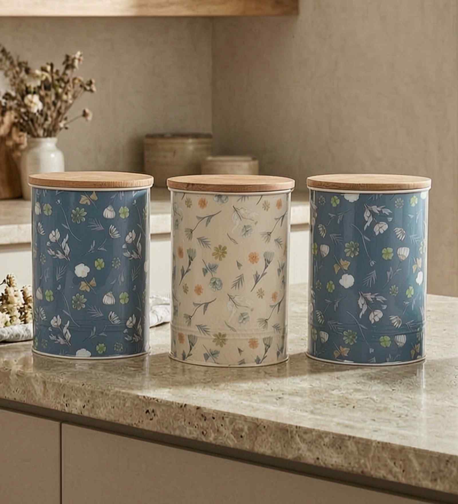 Blue & Cream Floral Printed Metal Airtight Containers With Wooden Lids Set Of 3