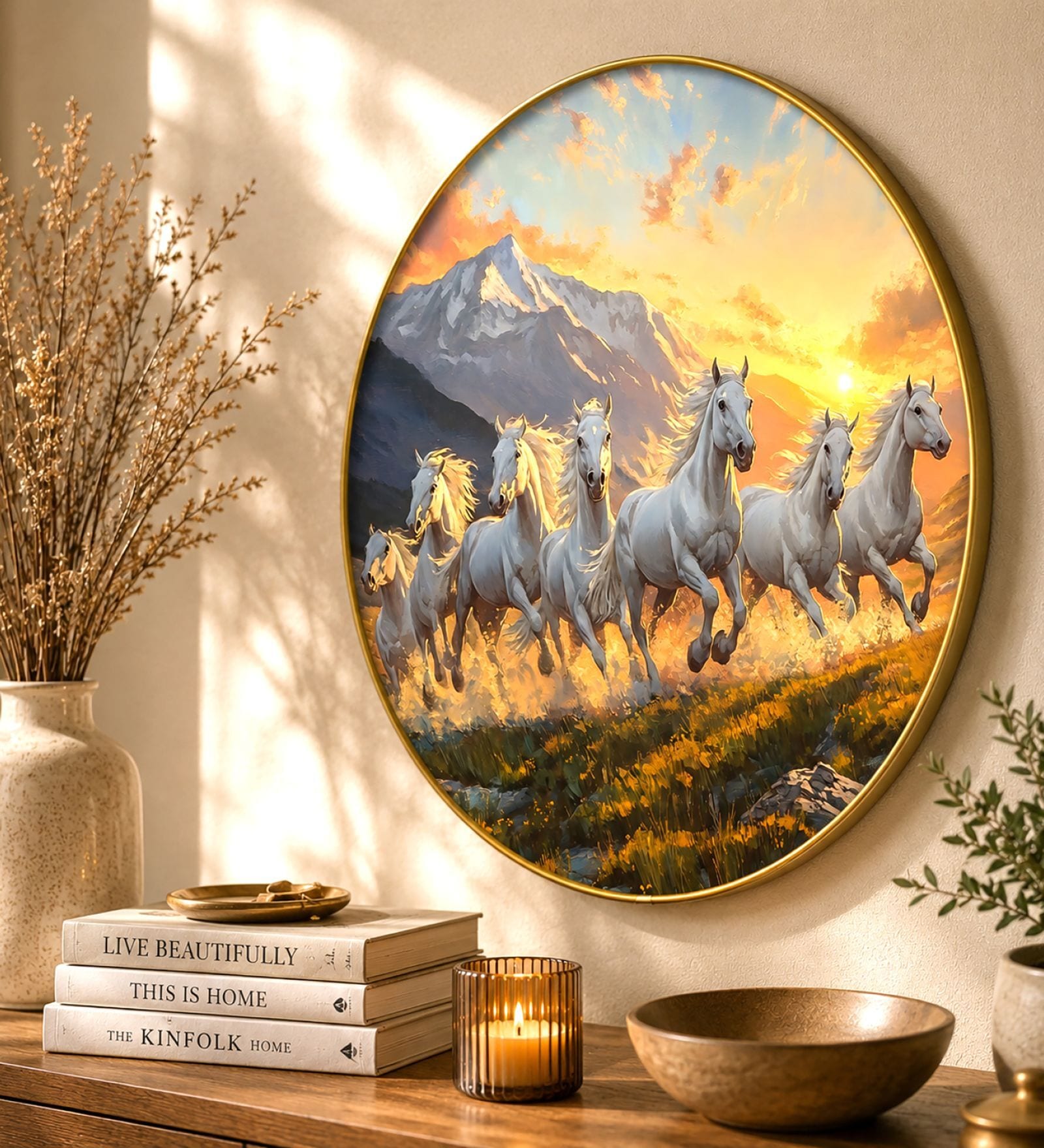 Blue & Gold 7 Horses Round Wall Art 15 Inch