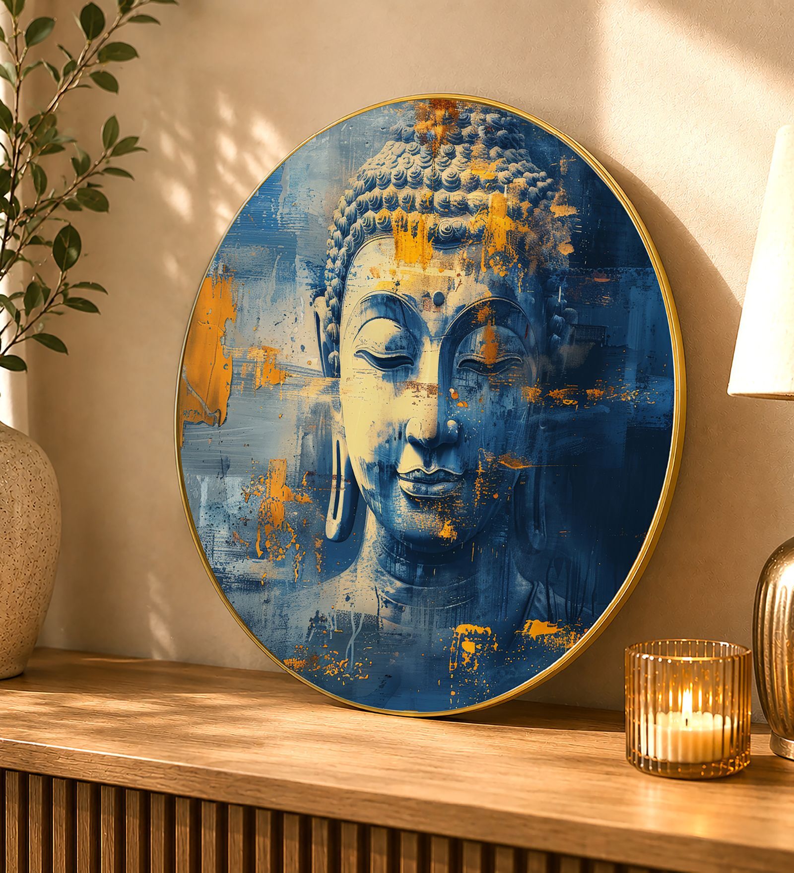 Blue & Gold Buddha Round Wall Art 15 Inch