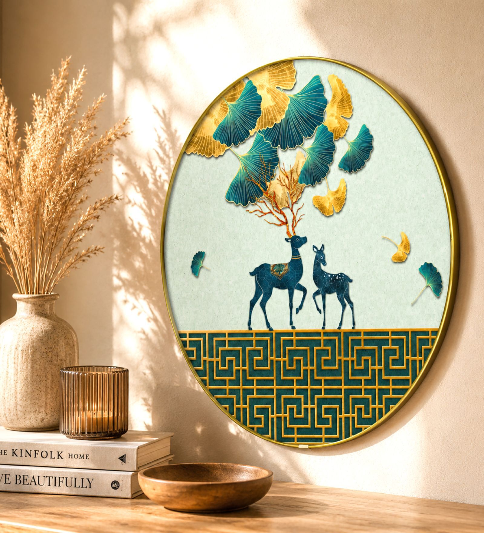 Blue & Gold Deer Round Wall Art 15 Inch