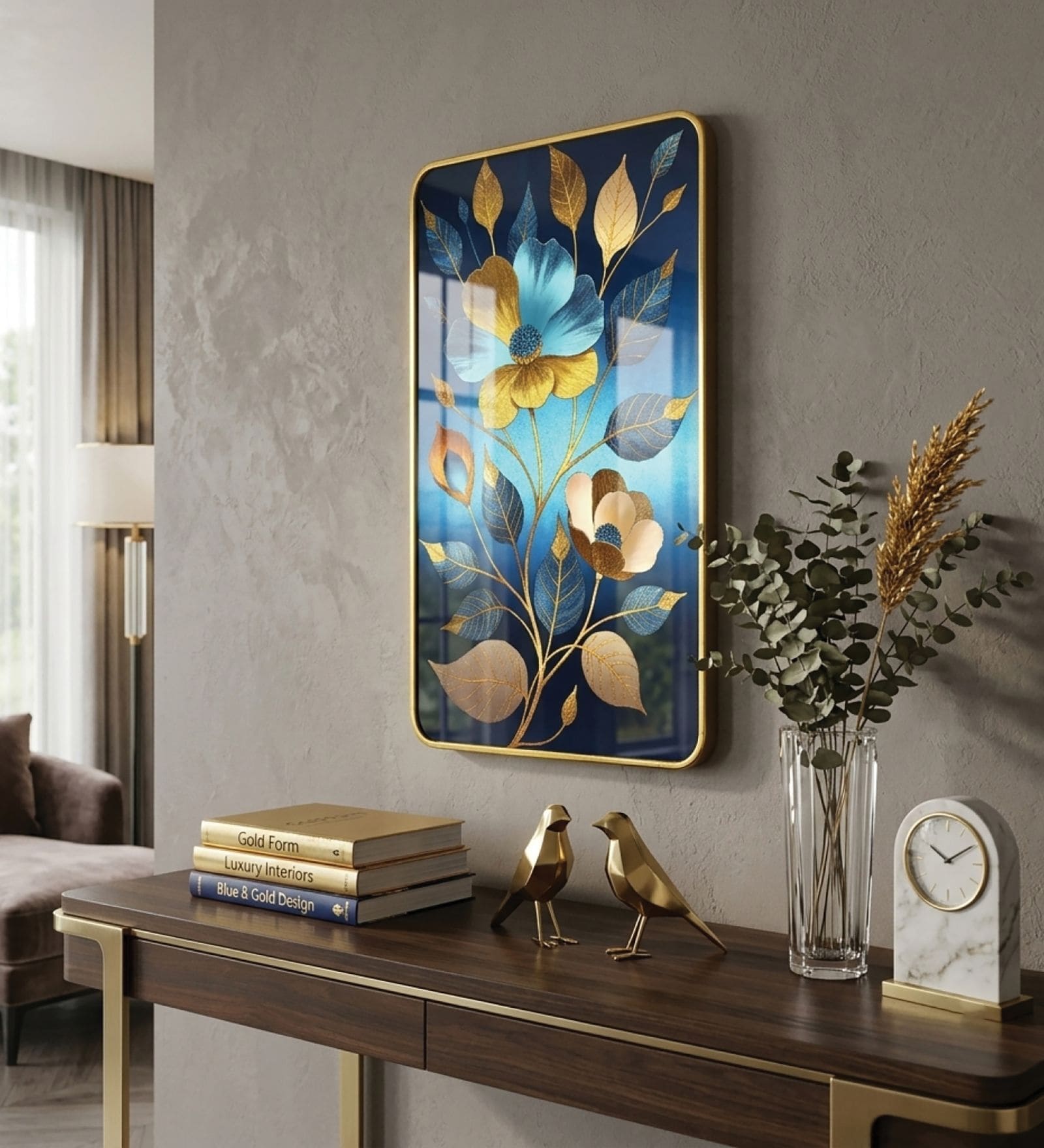 Blue & Gold Flower Rectangular Wall Art 12 x 18 Inch