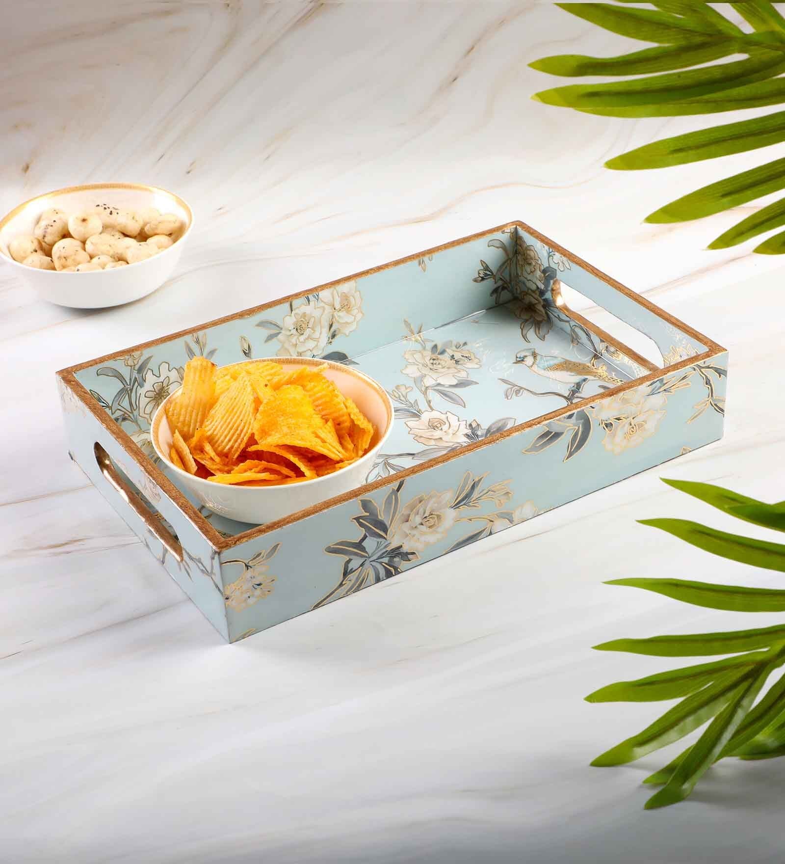 Blue & Gold MDF Wood Blue Bird  Rectangle Serving Tray