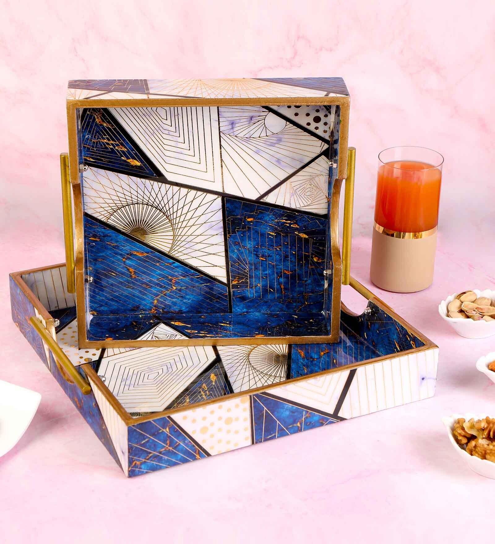 Blue & Gold MDF Wood Blue Triangle (Set of 2) Serving Tray