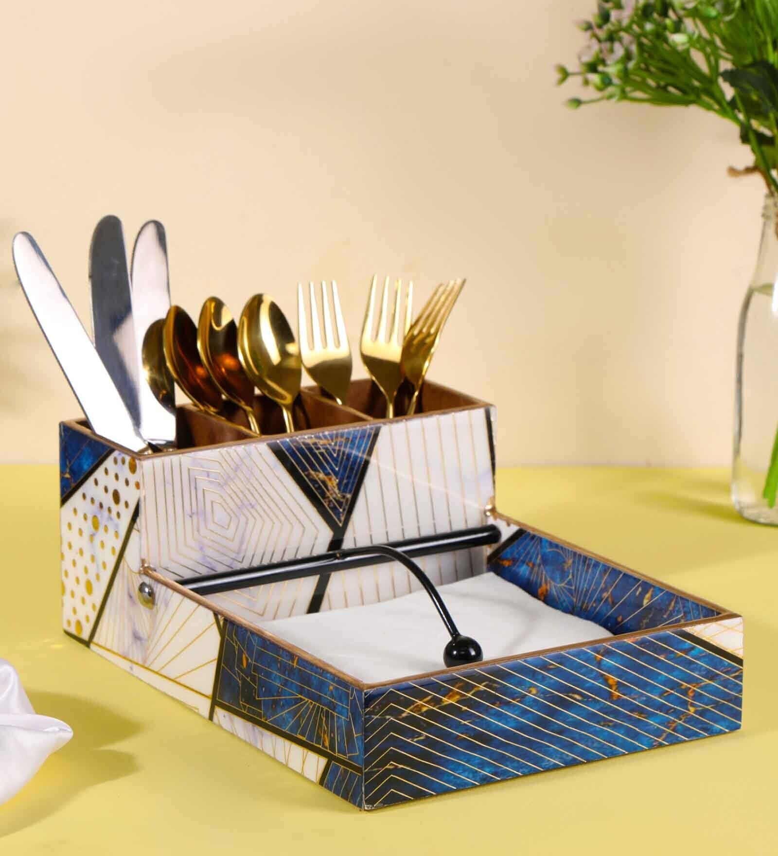 Blue & Gold Mdf Wood Rectangle 1 Pcs Cutlery Cum Tissue Holder