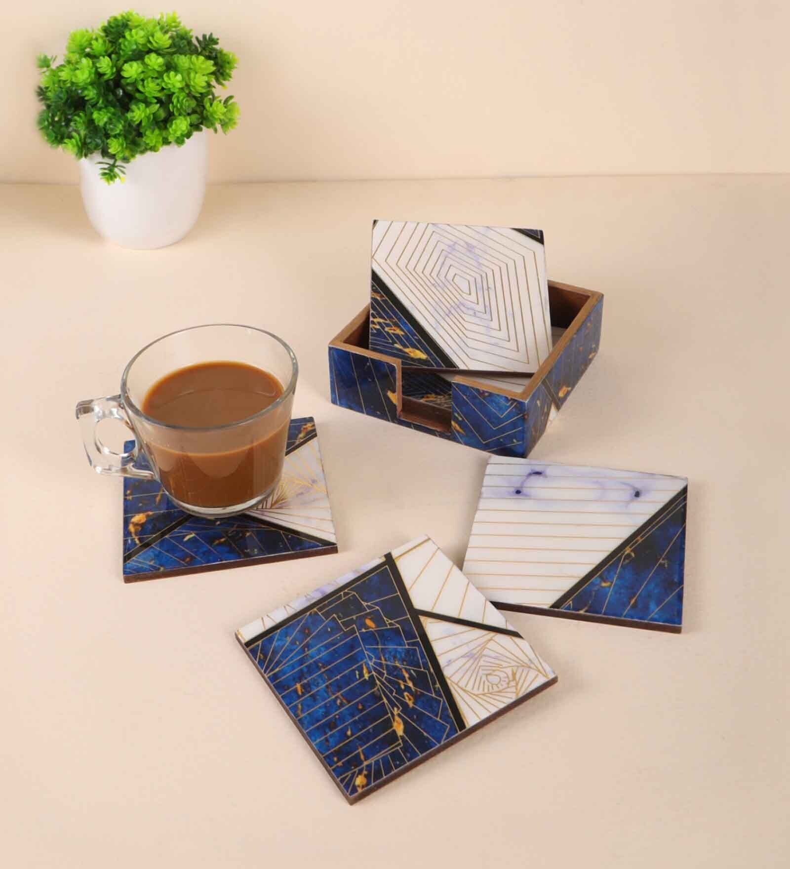 Blue & Gold Mdf Wood Square (Set of 6) Coasters