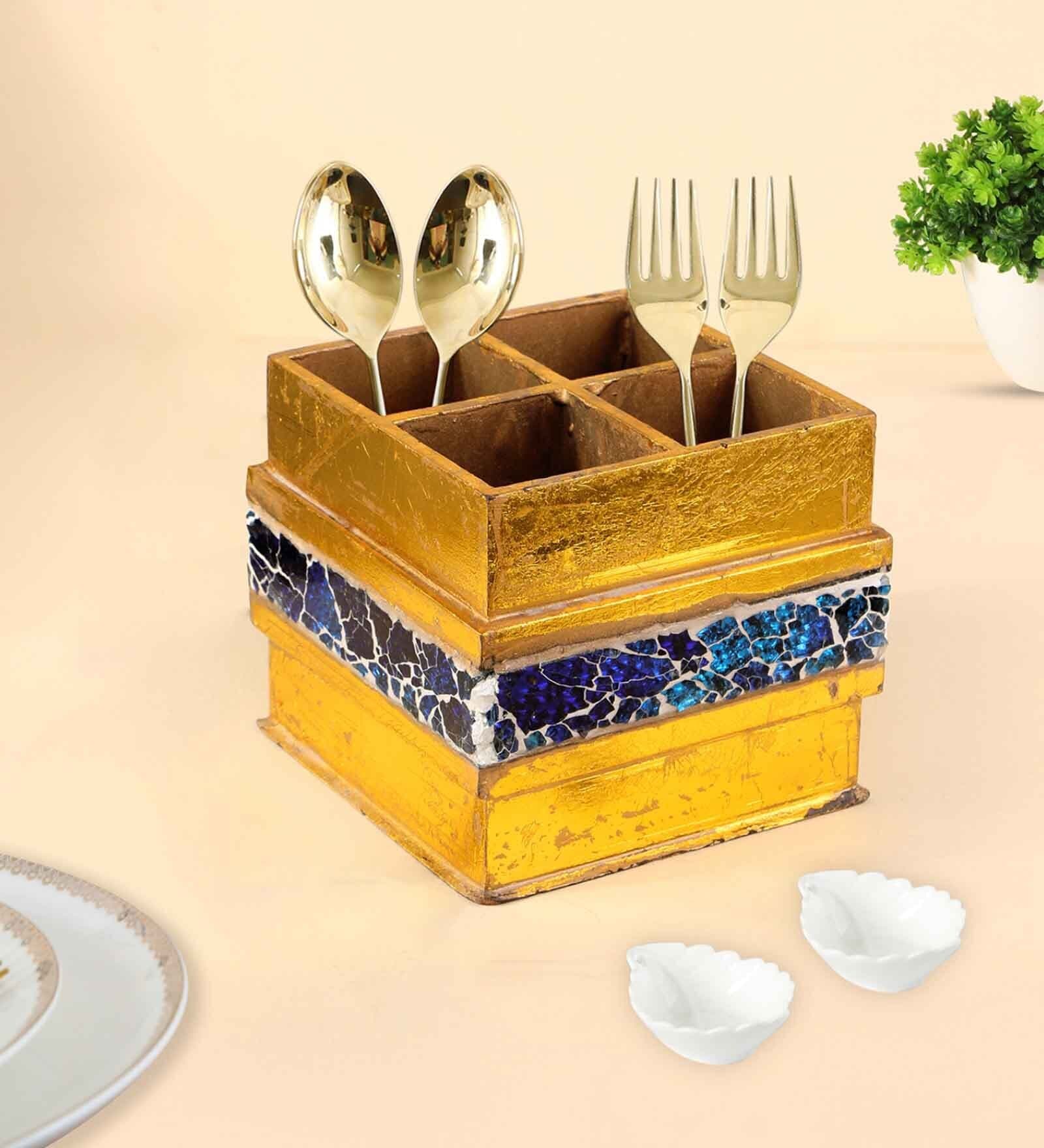 Blue & Gold Mdf Wood Square 1 Pcs Cutlery Holder