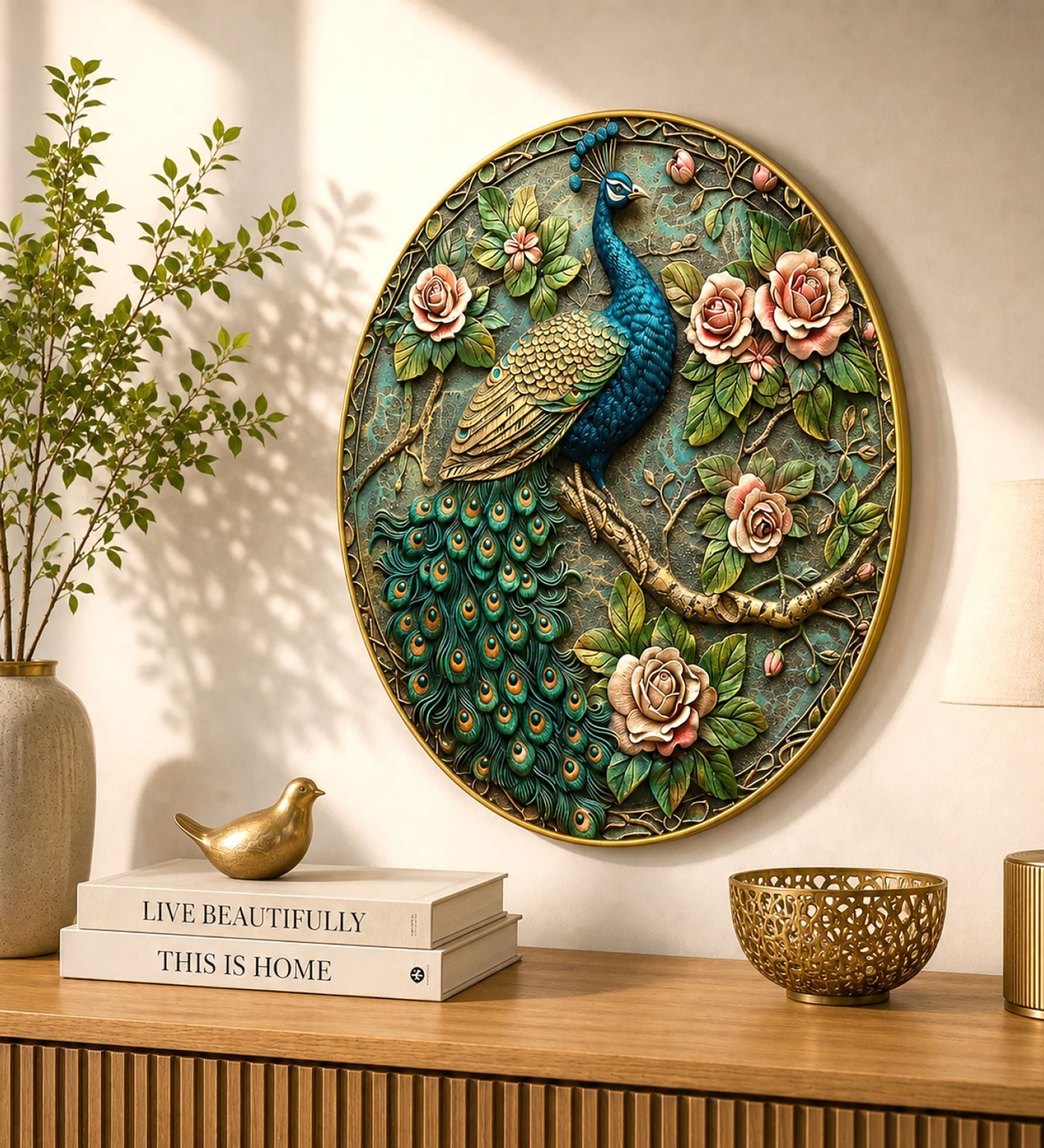 Blue & Gold Peacock Round Wall Art 15 Inch