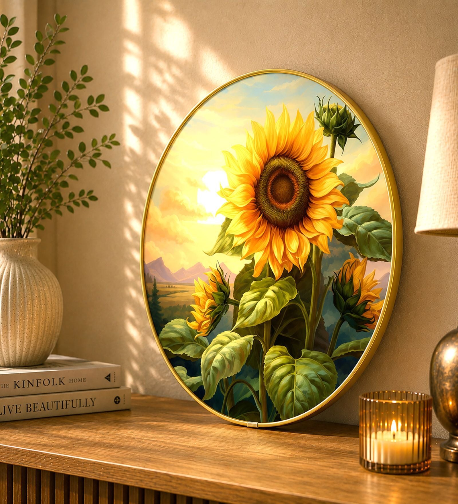 Blue & Gold Sunflower Round Wall Art 15 Inch