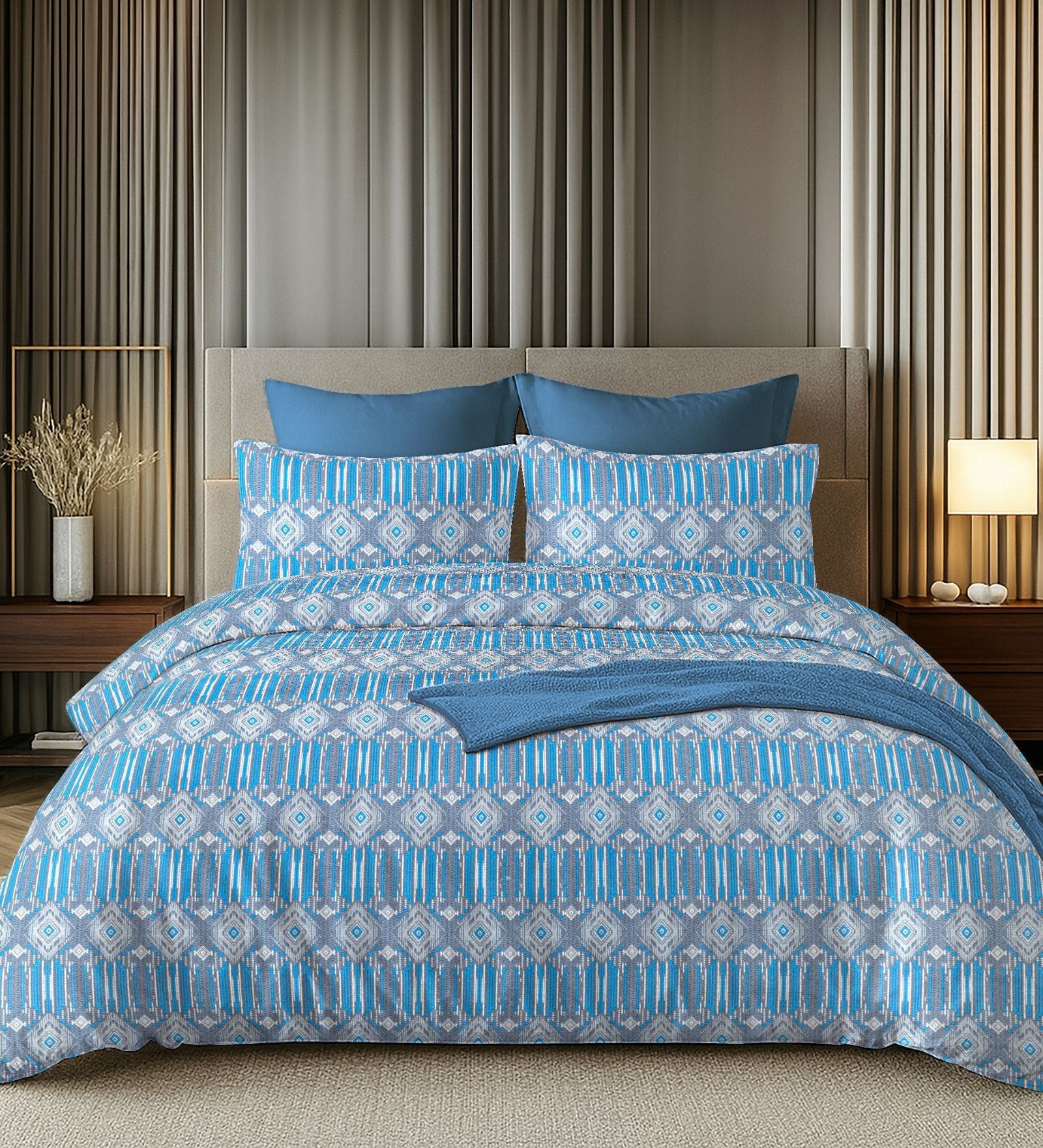 Blue & Grey 144TC Cotton Flat Super King Bedsheet with 2 Pillow Covers