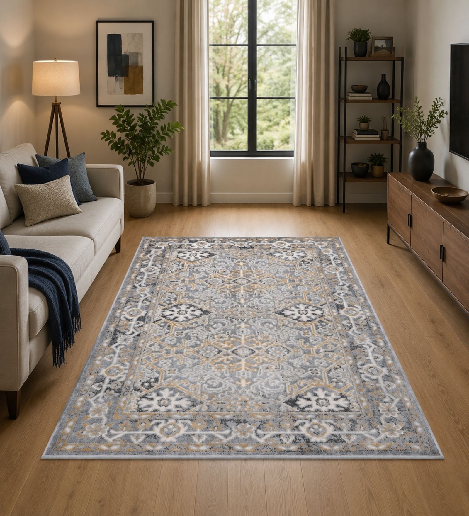 Blue & Grey Abstract PP Heatset & Shrink Polyester 3 x 5 Feet  Machine -Made Carpet