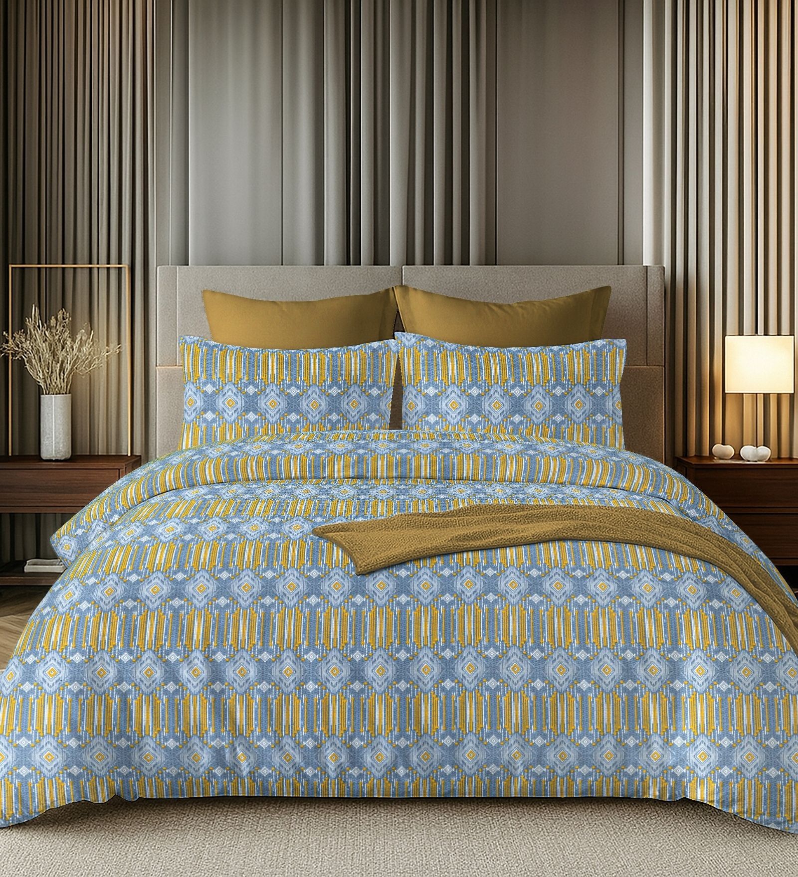 Blue & Mustard 144TC Cotton Flat Super King Bedsheet with 2 Pillow Covers