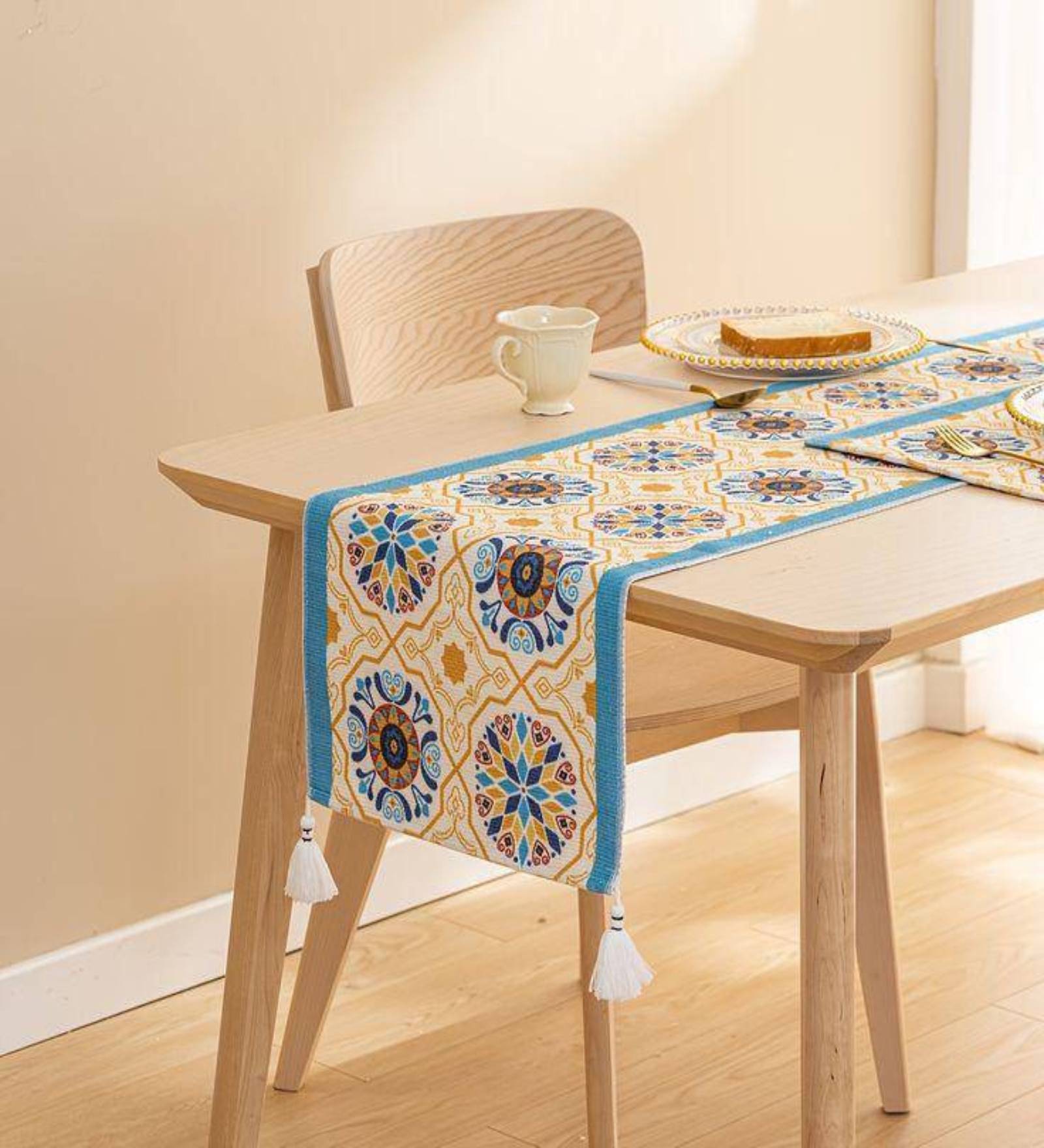 Blue & Mustard Mediterranean Style Table Runner with Tassels