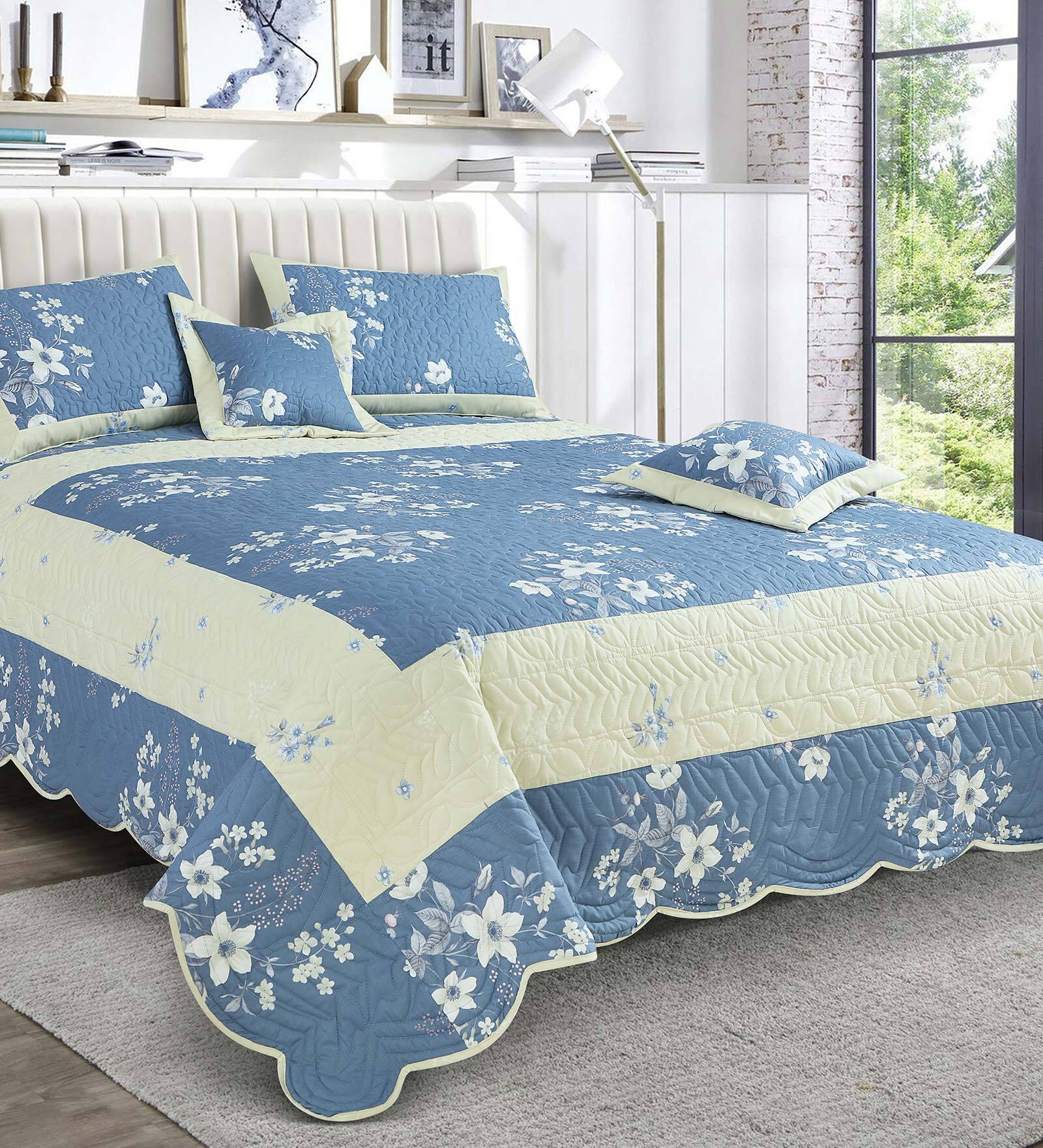 Blue & Off White Floral 250 TC Cotton Quilted Double Bed Cover with 2 Pillow Covers & 2 Cushion Covers with Filler